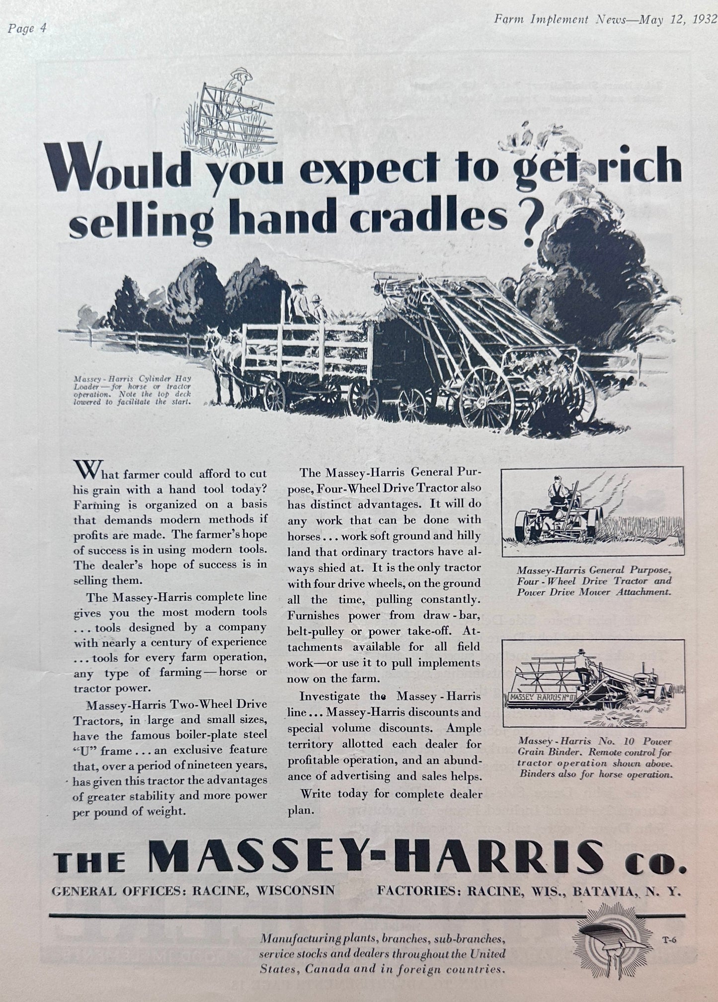 1932 Dual Farm Ads Front & Back John Deere & Massey-Harris Ad #1373