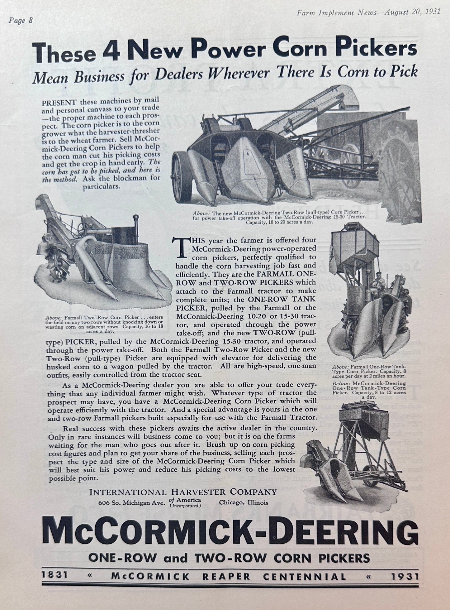 1931 Dual Farm Ads McCormick-Deering Corn Pickers And Fairbanks Model Z Engine #1377