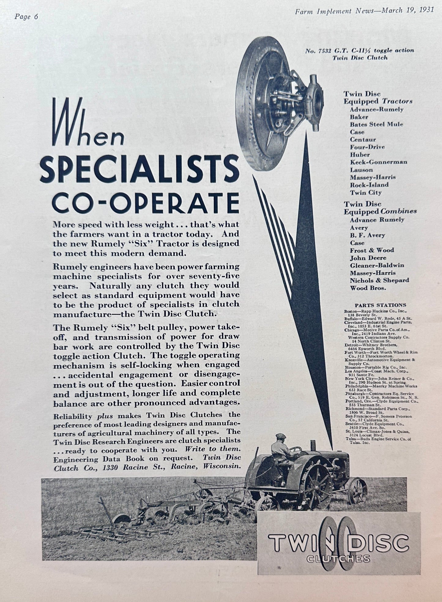 1931 Rumely "SIX" & Twin Disc Clutches Co-Operate & Myers Power Pumps Ad #1379