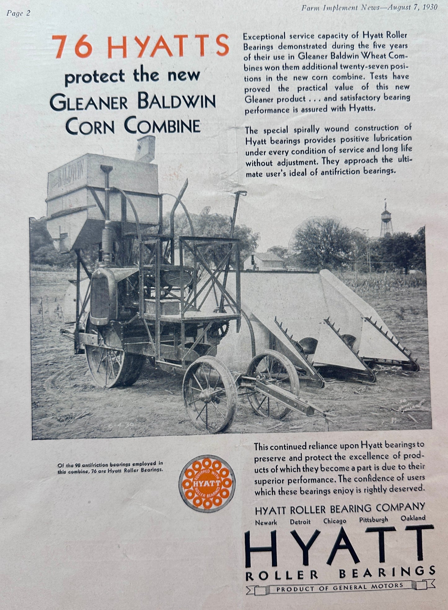 1930 76 Hyatt's Protect the Gleaner Baldwin Corn Combine Ad #1386