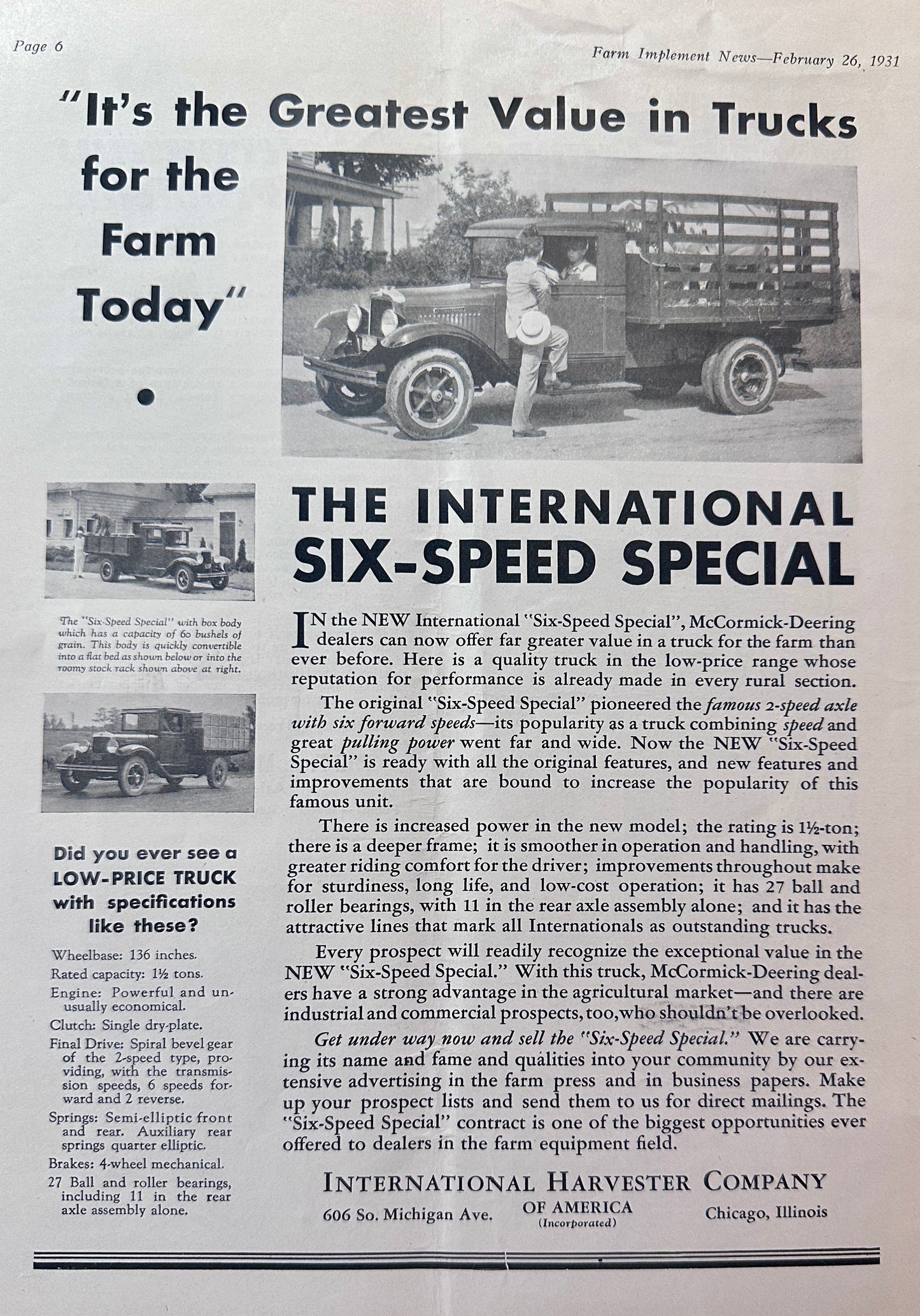 1931 International Six-Speed Special Farm Truck Ad #1421