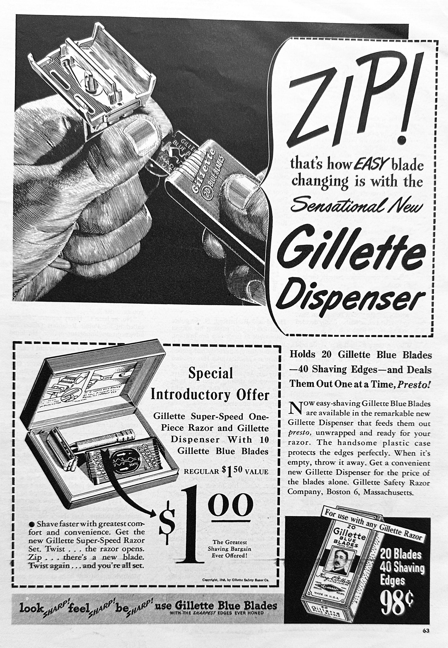1948 Gillette Razor & Dispenser Vintage Ad #N1042