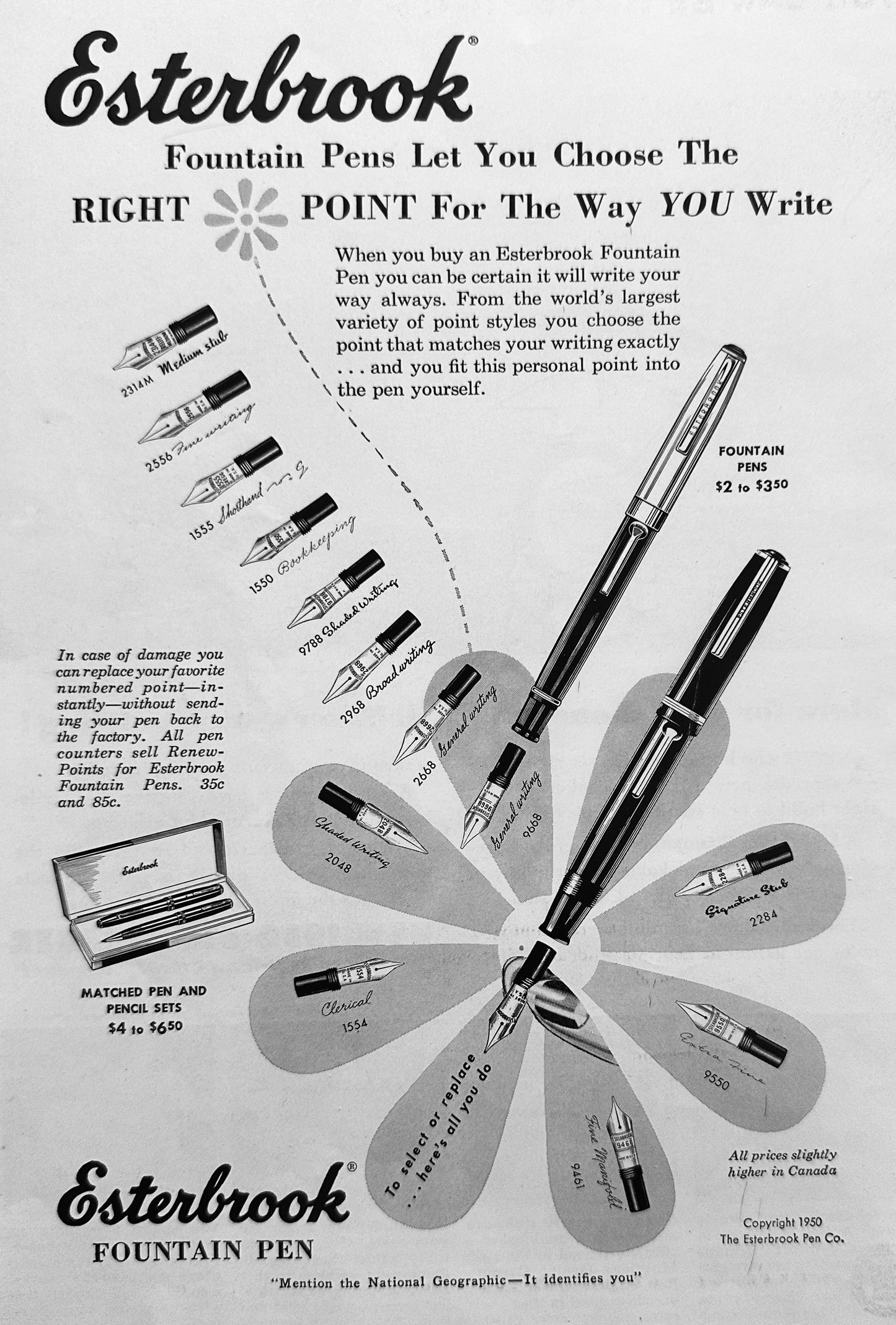 1950 Esterbrook Fountain Pen Showing 14 NIB Styles Vintage AD #N1047