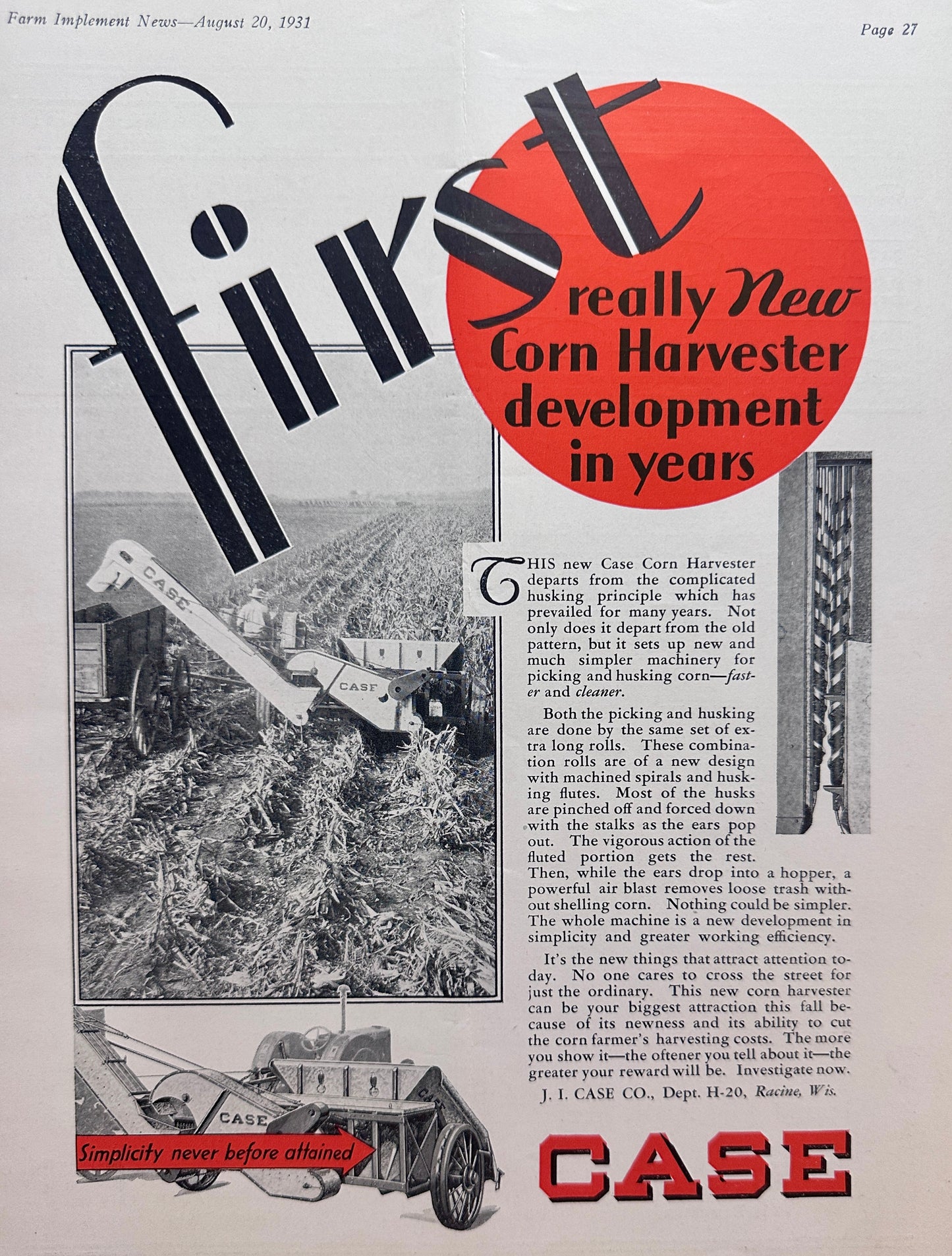 1931 Case - 1st New Corn Harvester Development In Years Ad #1449