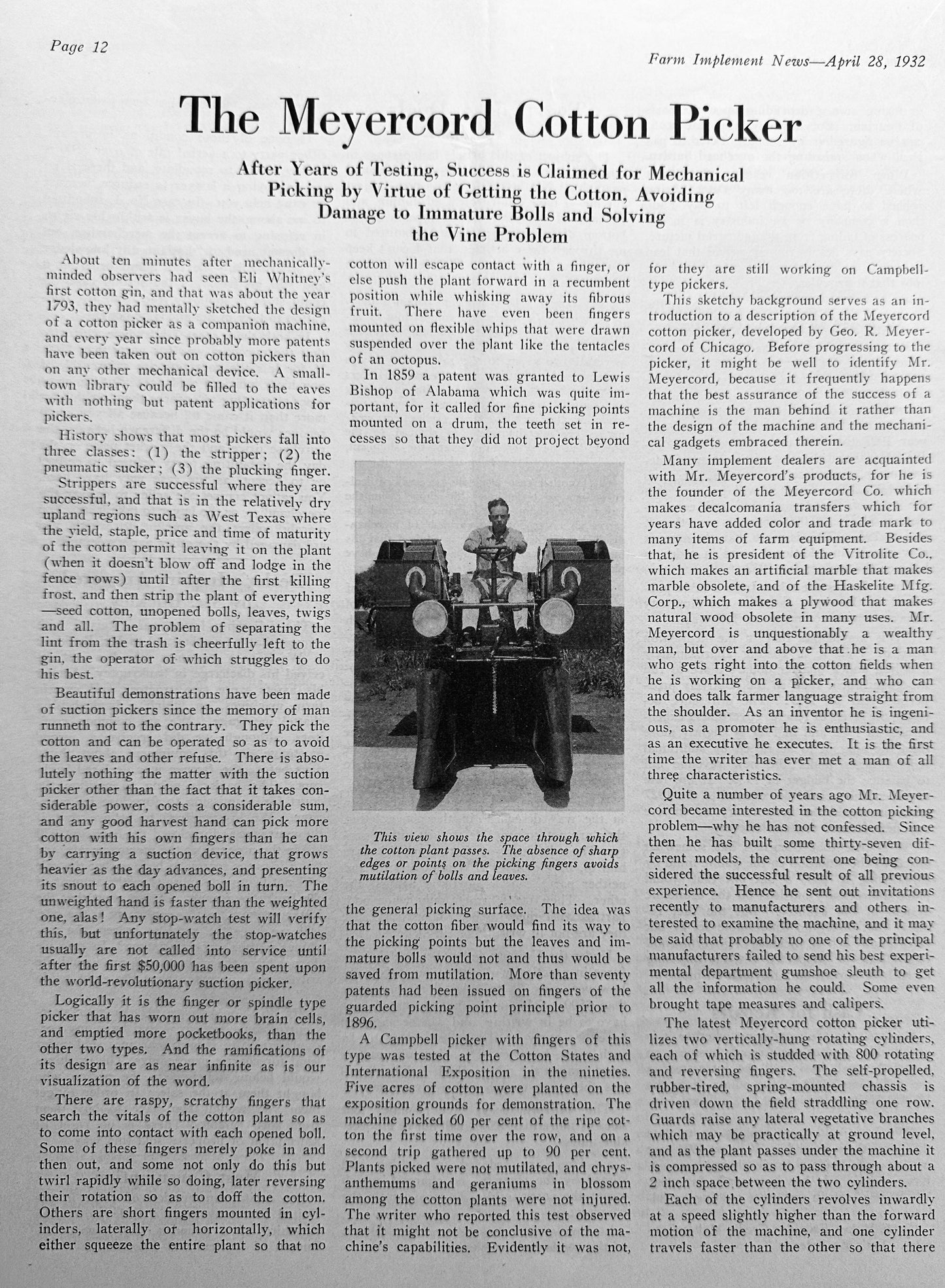 1932 Meyercord Cotton Picker Feature Article AD #1450