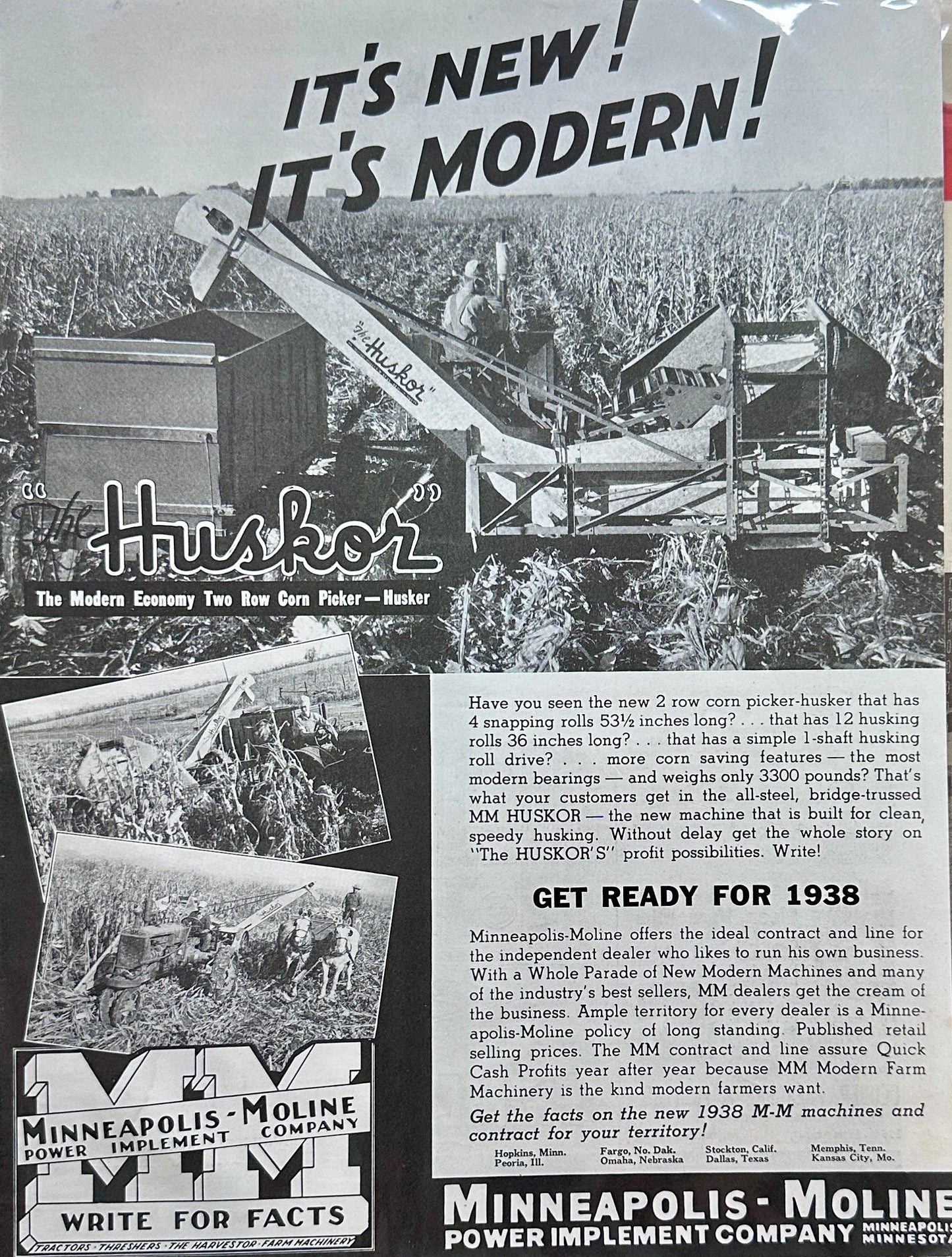 1938 Minneapolis- Moline "Huskor" 2-Row Corn Picker Ad #1466