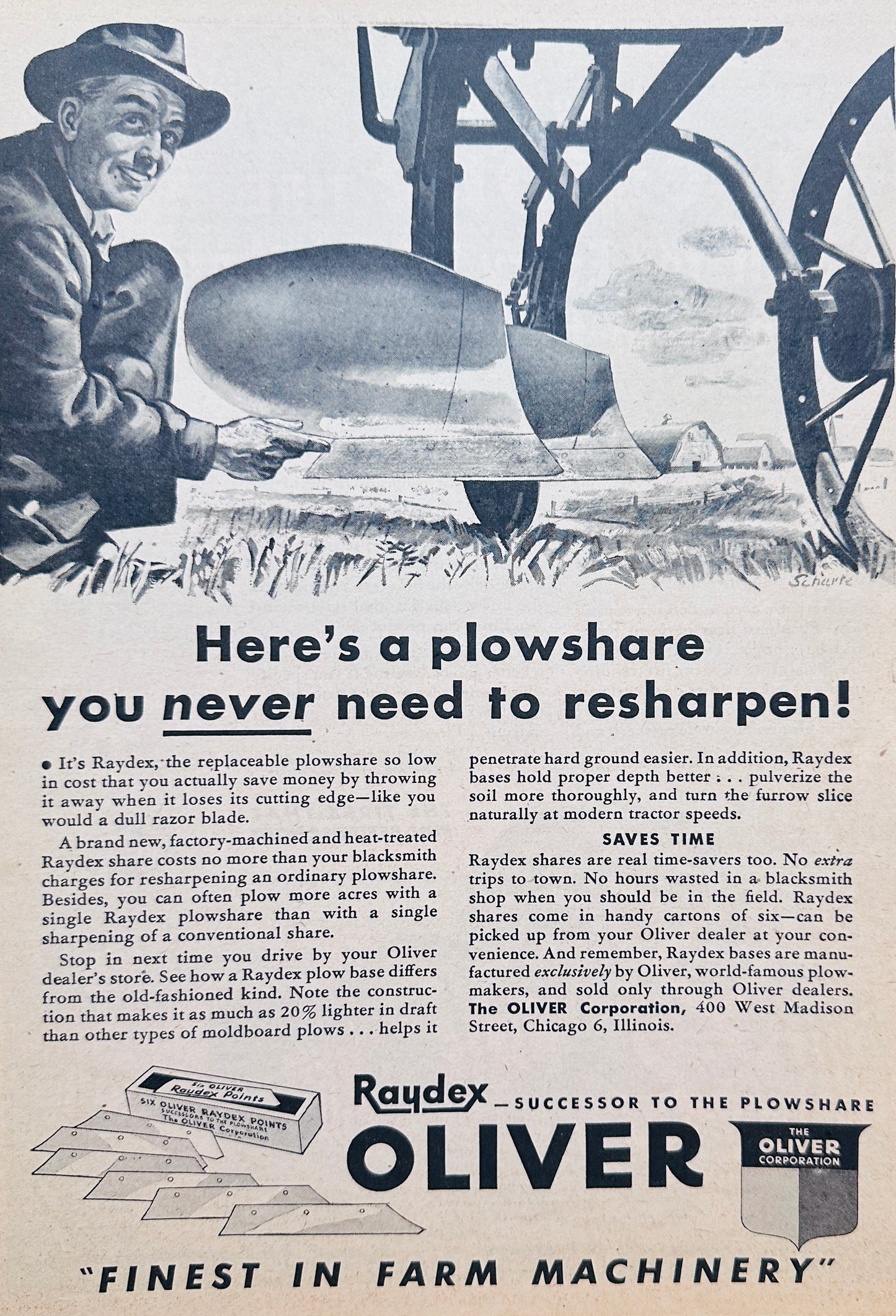 1945 Oliver Raydex Plowshares - Never Need to Sharpen - Ad #N1056