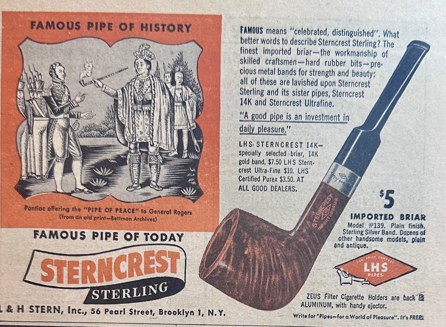 1946 sterncrest Sterling Imported Briar Smoking Pipe Vintage Ad #N1102