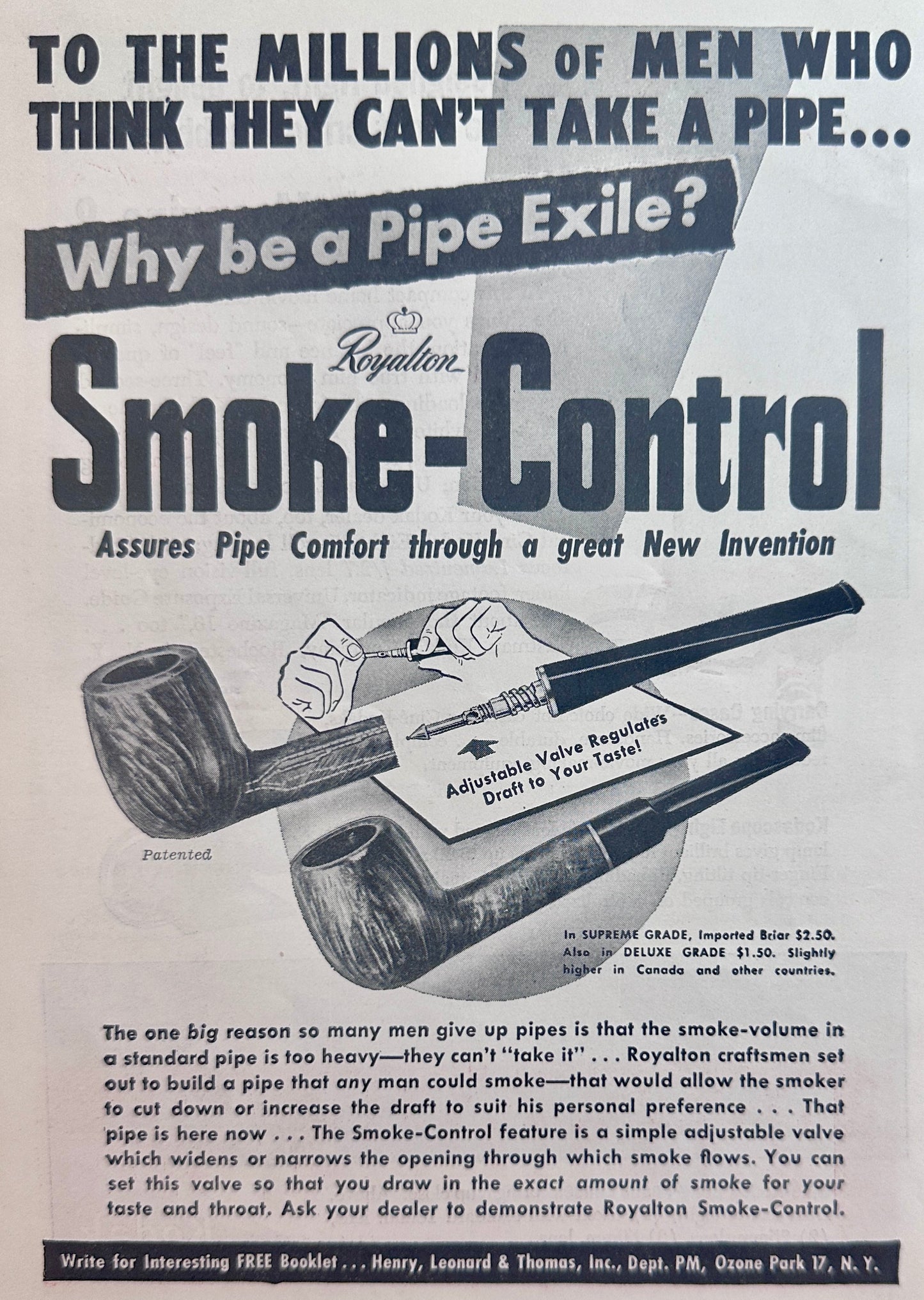 1946 Roylaton Smoke-Control Supreme Grade Imported Briar Pipe AD #N1103