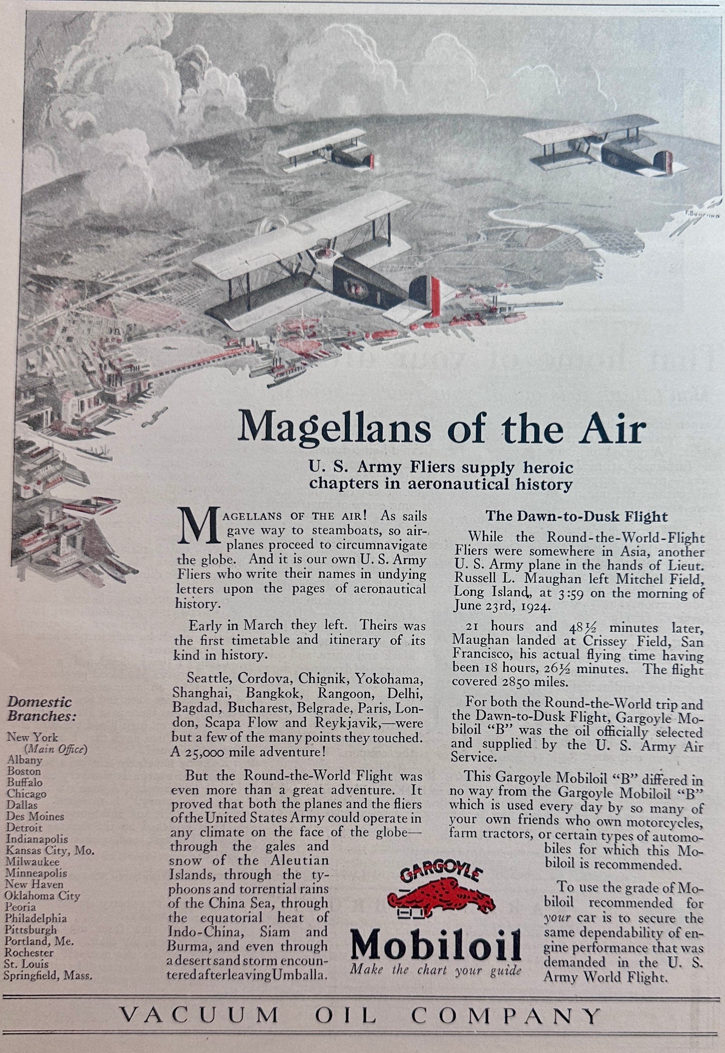 1924 Mobiloil - Gargoyle Logo - Magellans of the Air - Army Fliers Ad #N1113