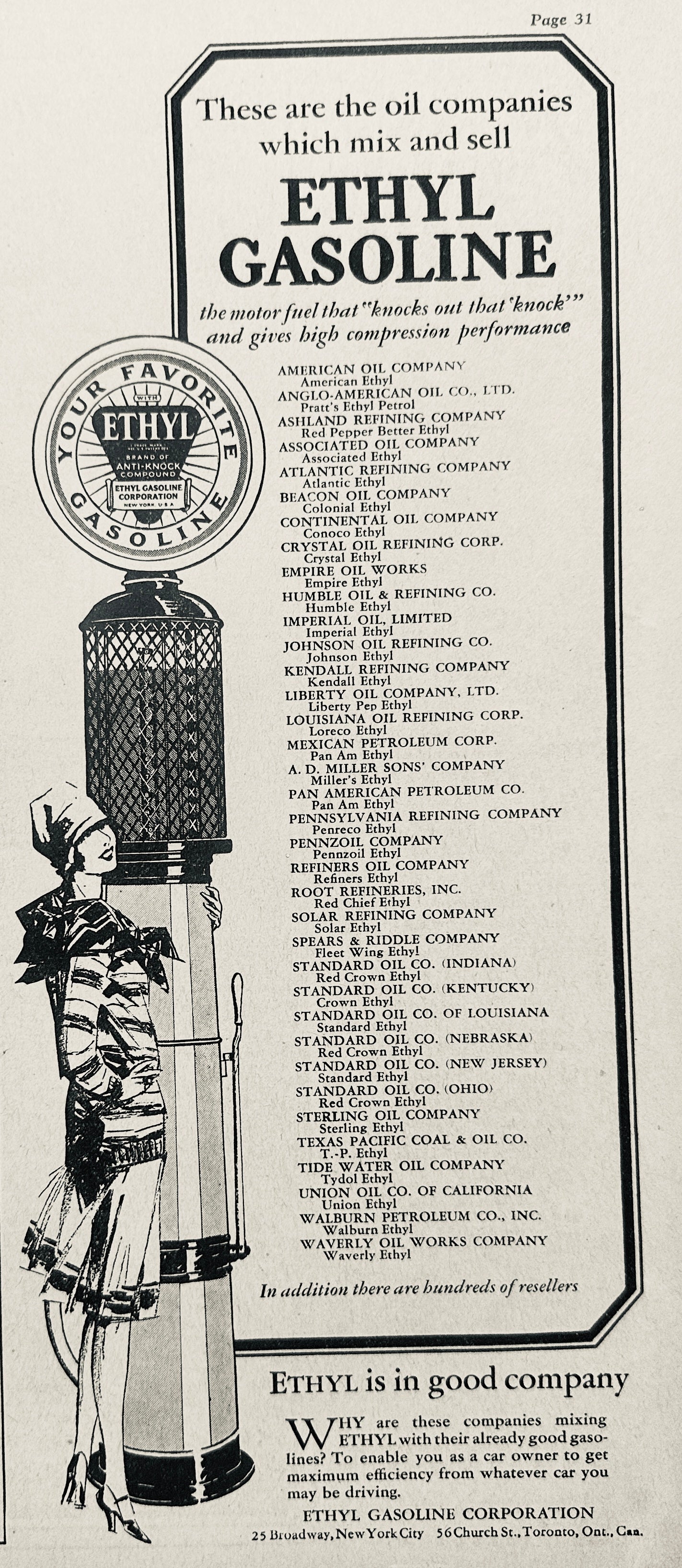 1928 Ethyl Gasoline - Flapper Gal & Visible Gas Pump Ad #N1130