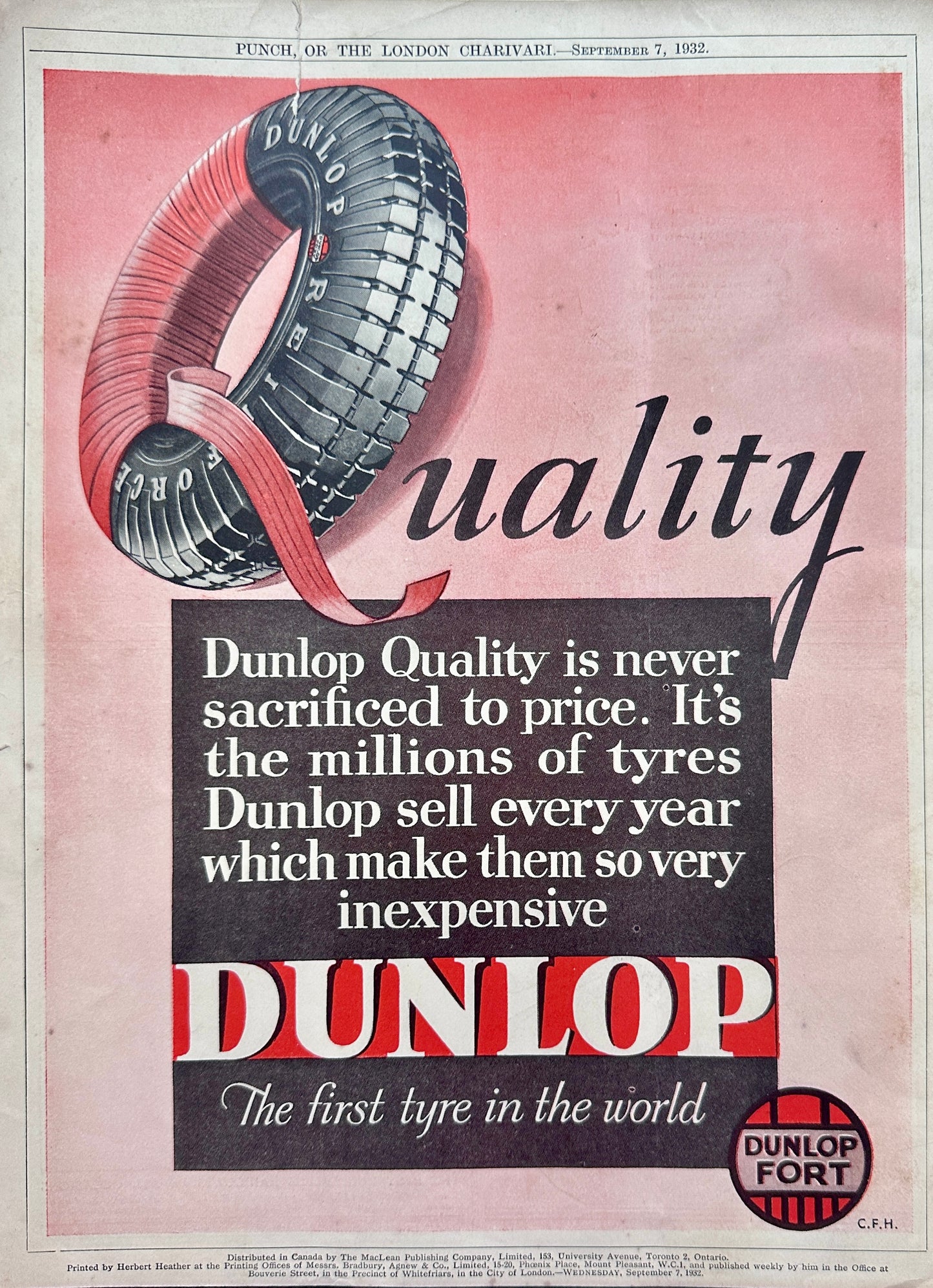 1932 Dunlop Fort "The First Tyre in the World" Vintage Ad #A343