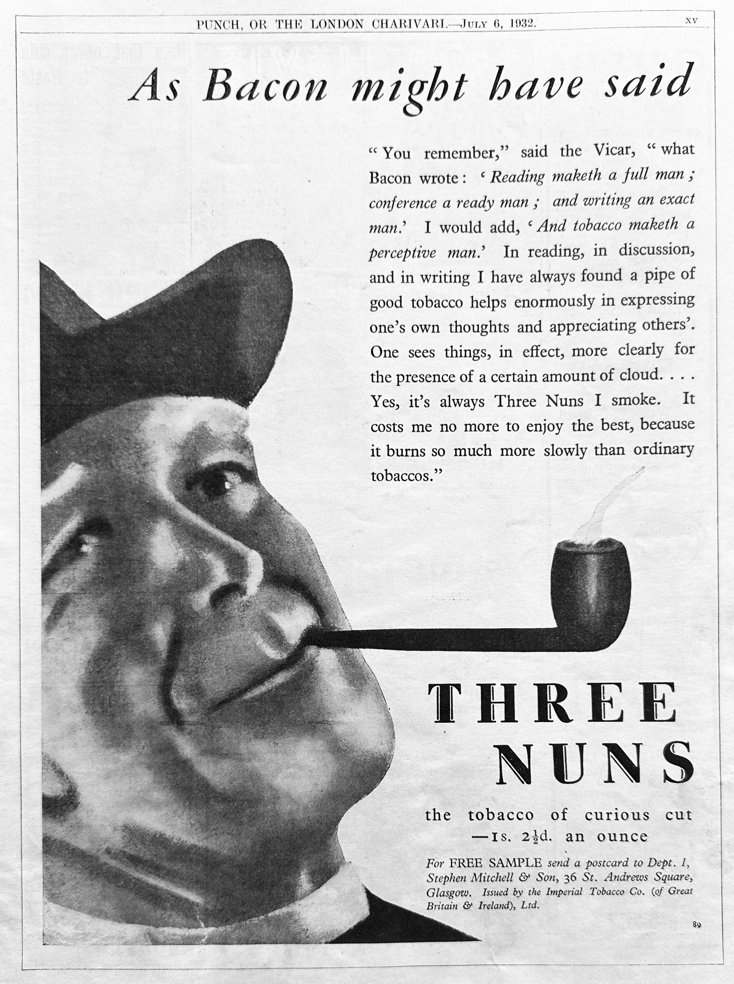 1932 Three Nuns Smoking Pipe Tobacco British Ad #N1138