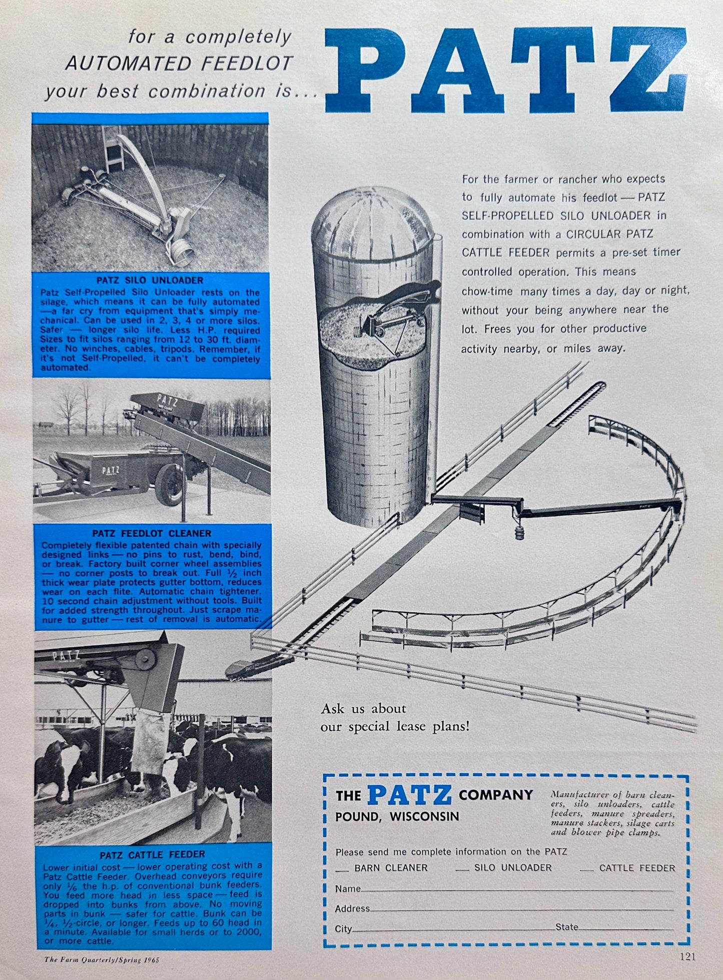 1965 PATZ - Completely Automates Your Feed Lot Vintage Ad #1518