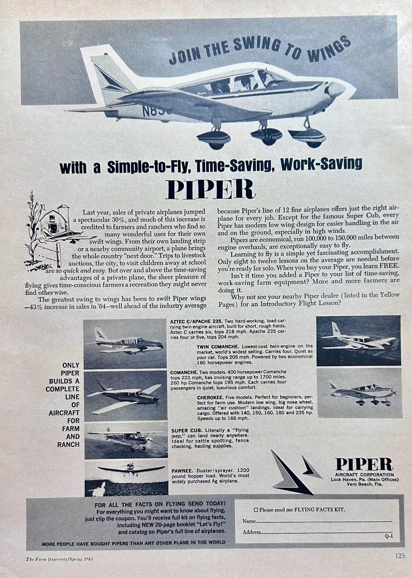 1965 Piper Airplanes - Join the Swing to Wings - Vintage Ad #1517