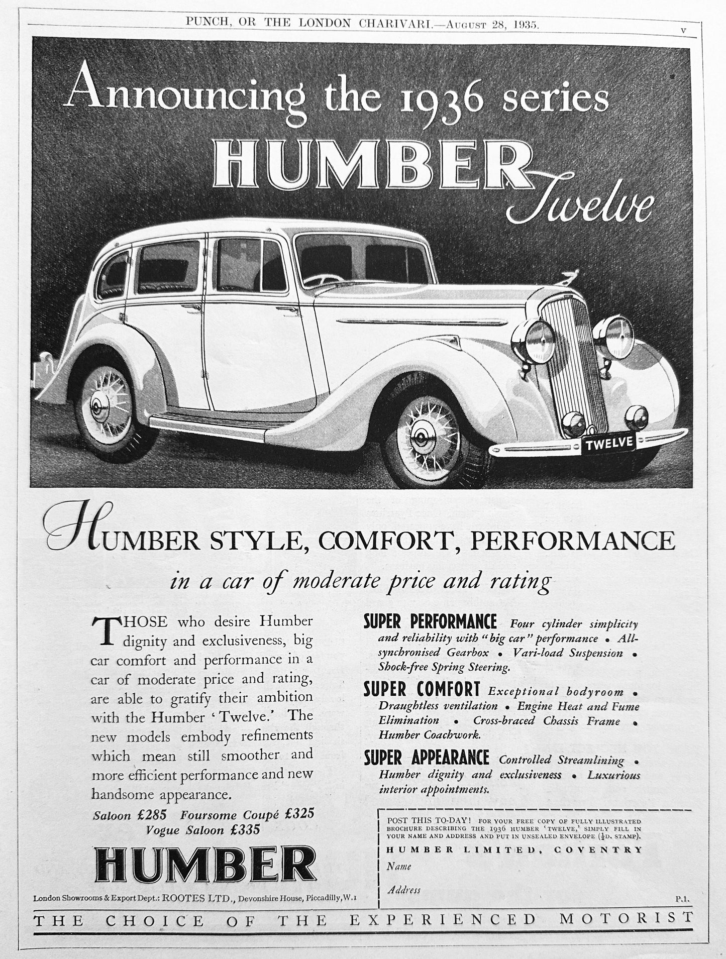 1936 Series Humber Twelve Saloon - British Forgotten Marque Ad#N1191