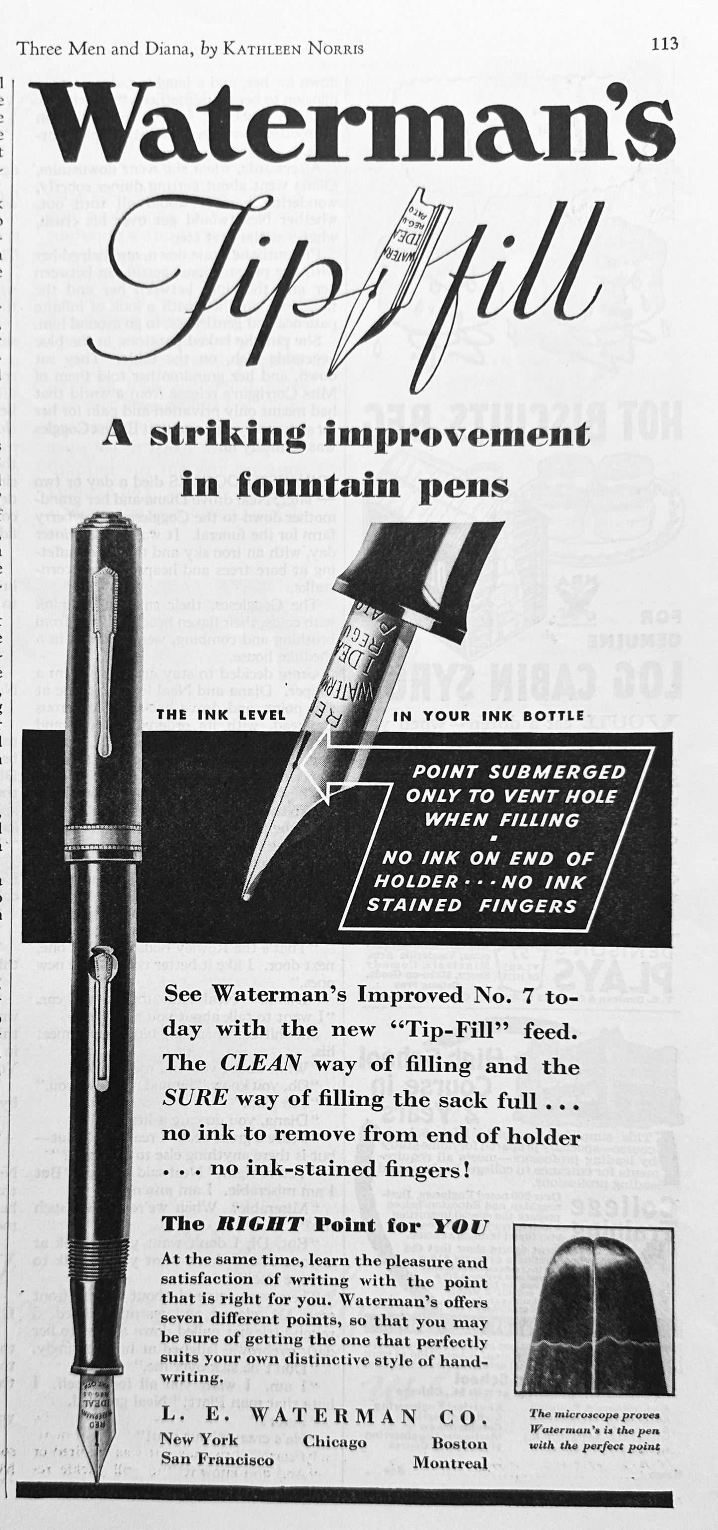 1933 Waterman's Tip Fill Fountain Pens Ad #N1184