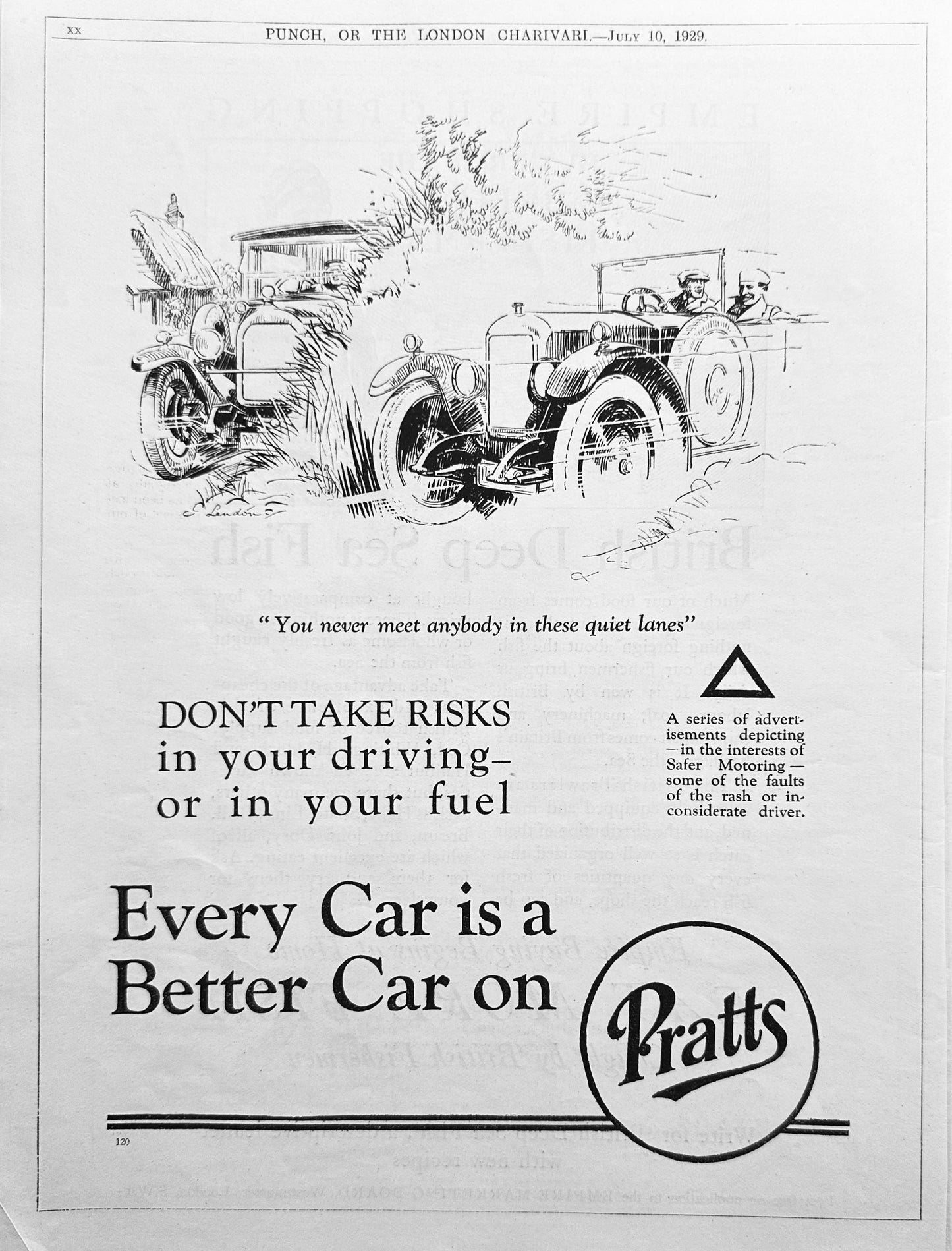 1929 British Pratts Petrol vintage Advertisement Don't Take Risks Ad#N1166