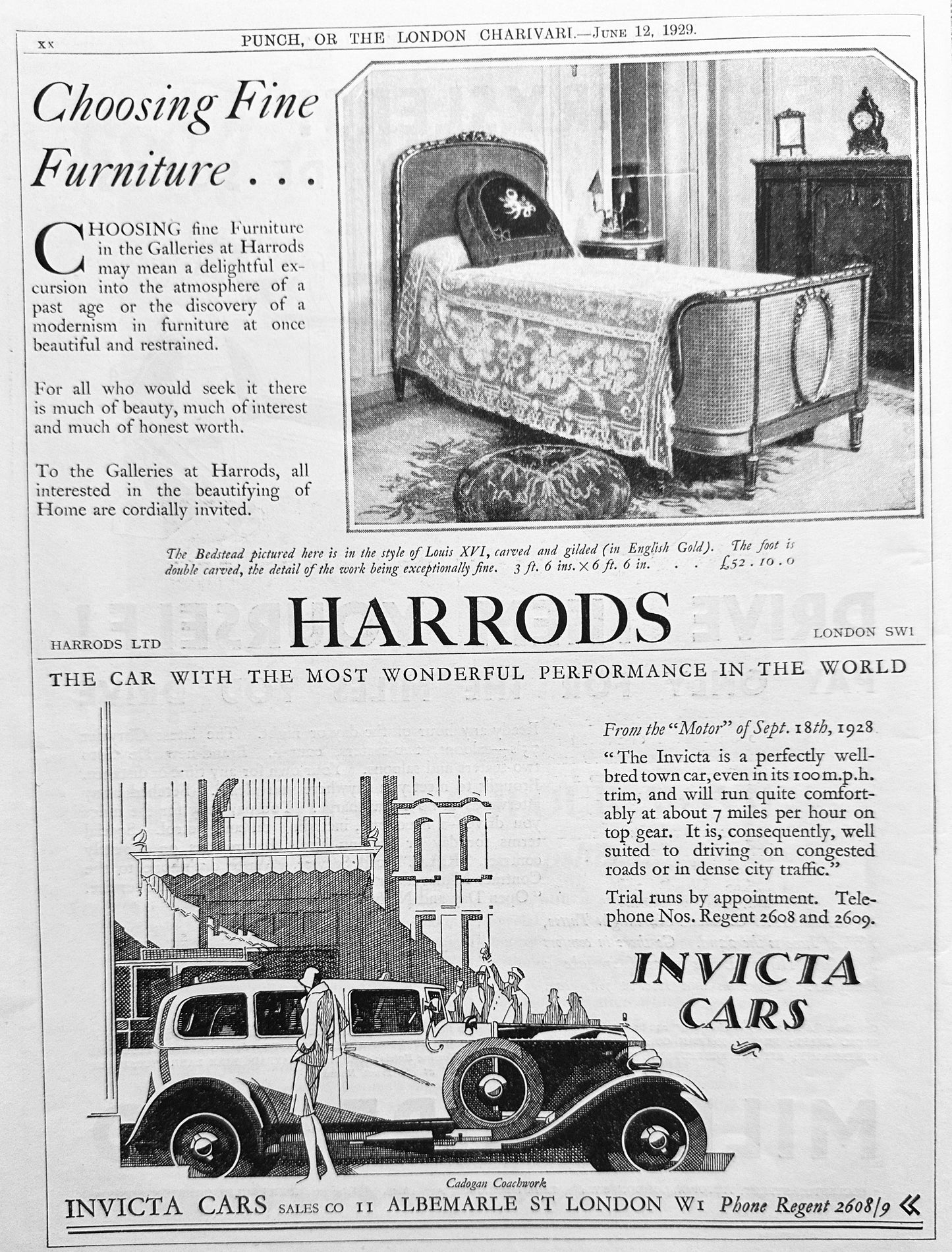 1929 Invicta Town Car & Harrods Louis XVI Bedroom Suite Ad #A371