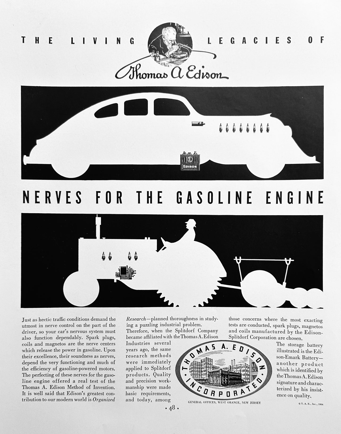 1934 Masterpiece Ad - Thomas Edison Nerves of the Gasoline Engine Ad #1550