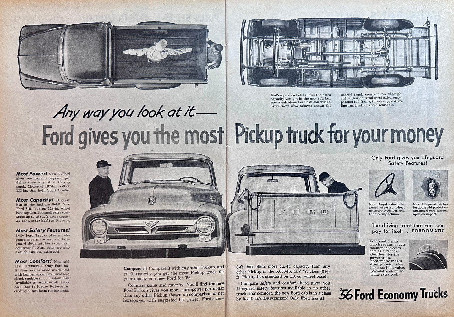1956 (2-Page) Ford F-100 Pickup Most Truck for Your Money Ad #A399