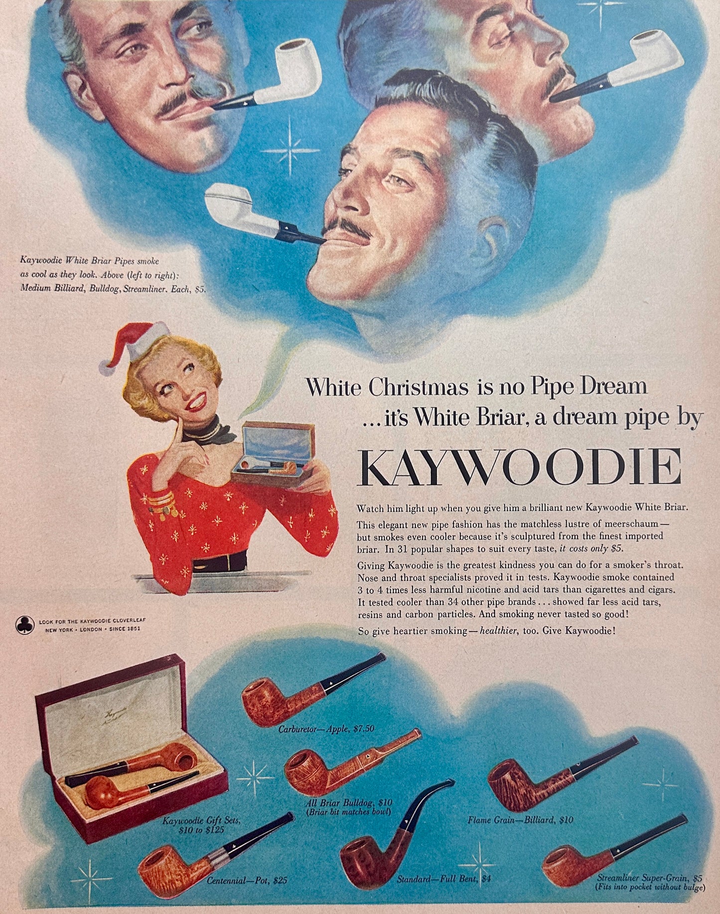 1953 Kaywoodie White Briar 3- Style Shown Vintage AD #1587