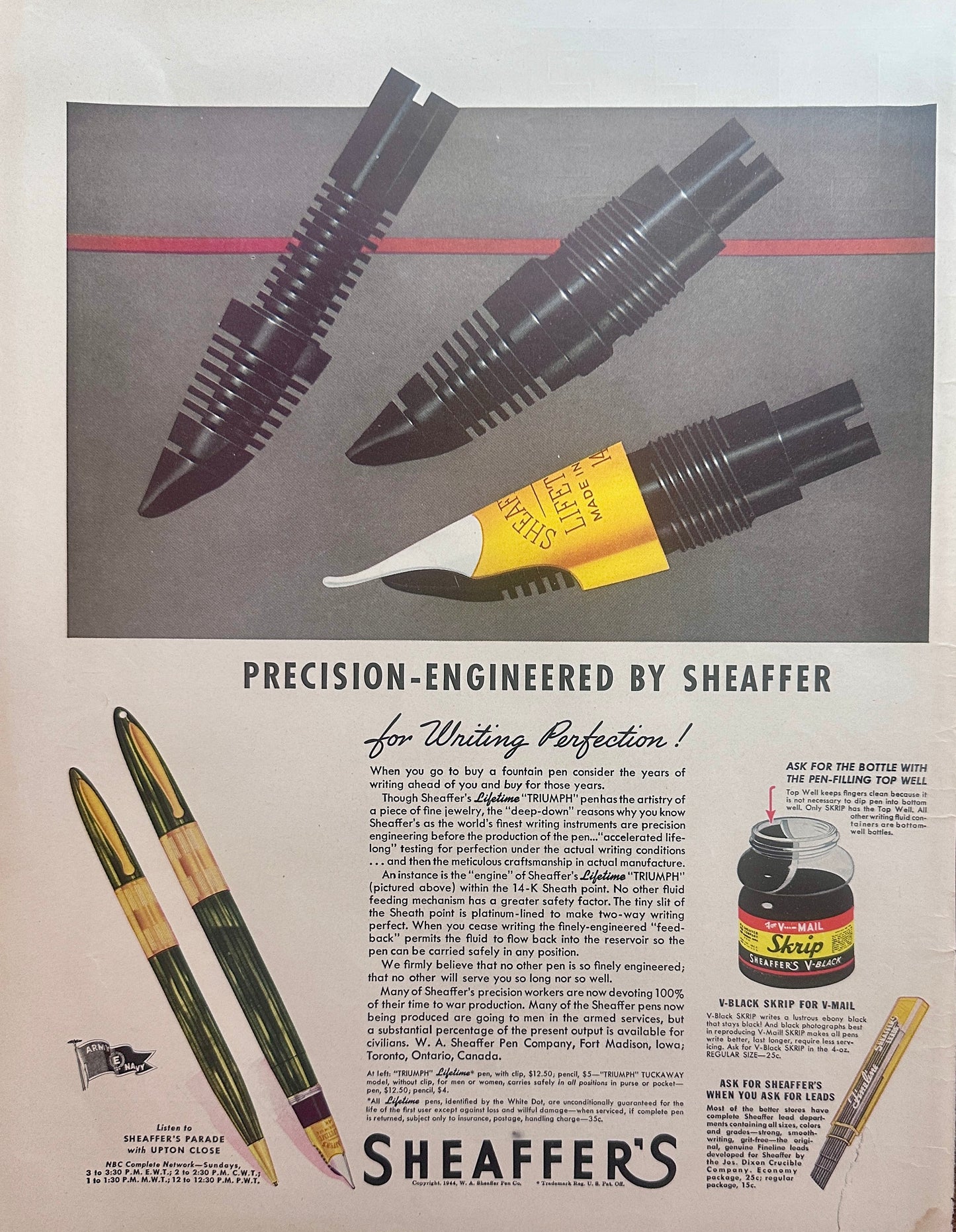 1944 Sheaffer's Triumph Lifetime Fountain Pen Ad #1616