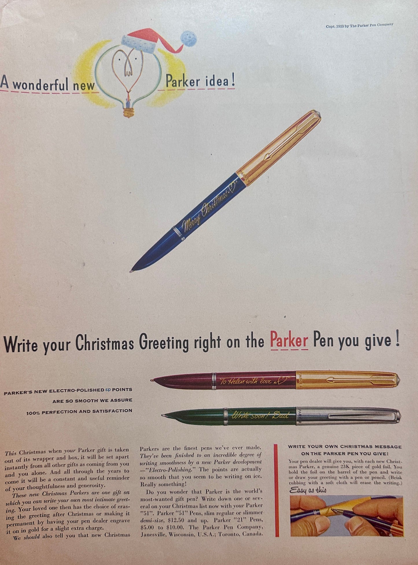1953 Classic Parker Pen Christmas Ad - Write Your Own Message Ad #1612