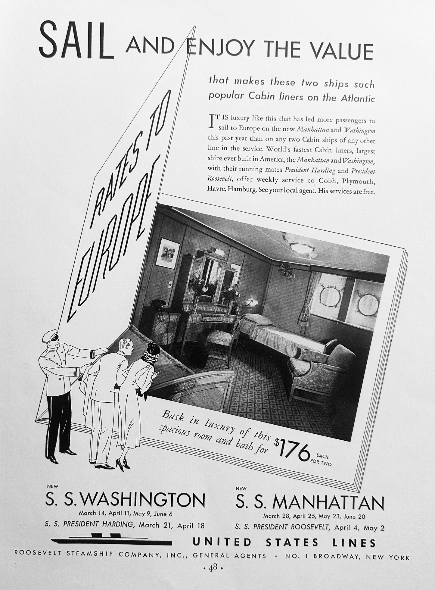 1934 United States Lines - Roosevelt Steamship Co Vintage Ad #1629