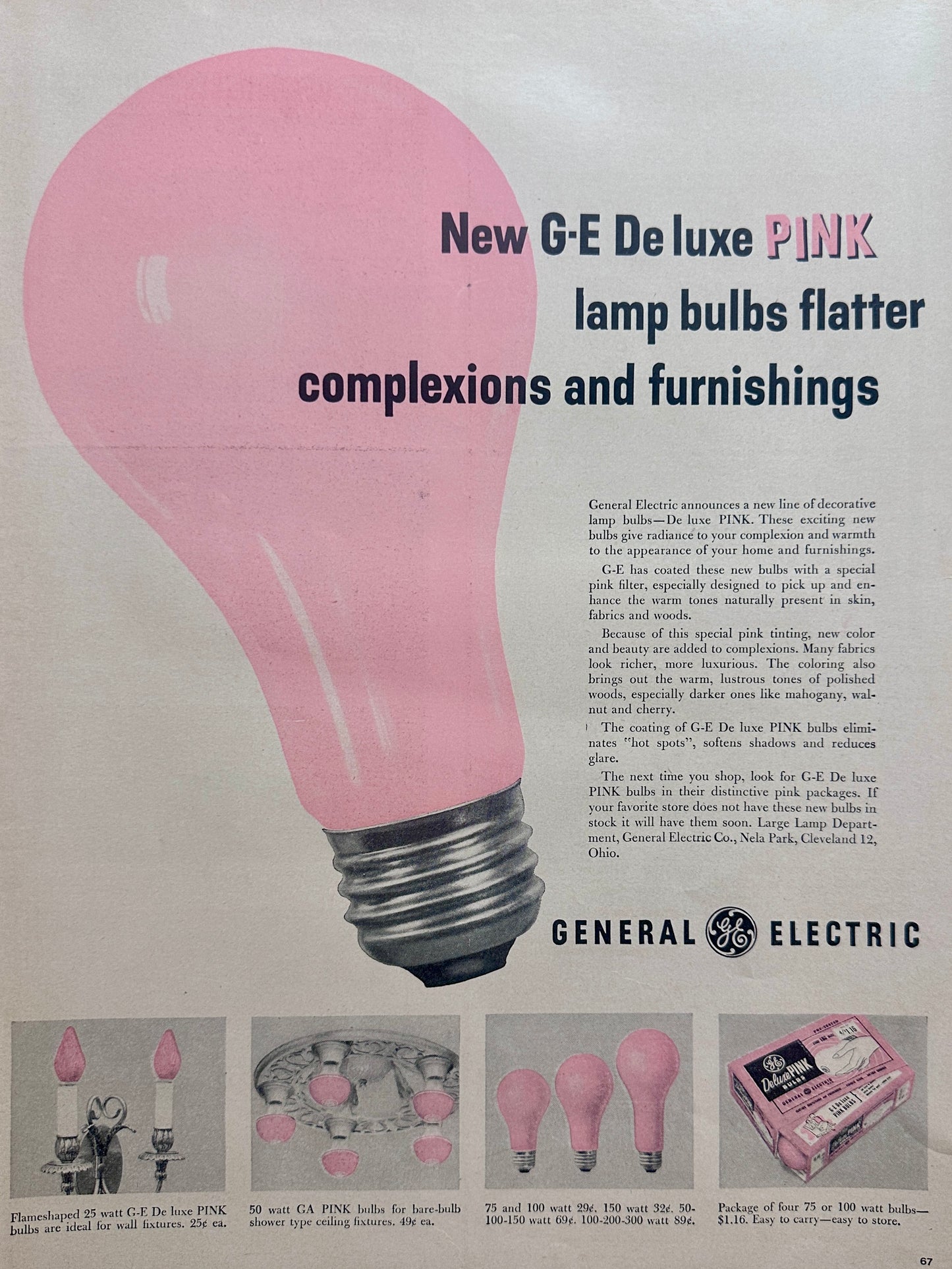 1956 New G-E Deluxe Pink Lamp Bulbs Flatter.. Ad#1660