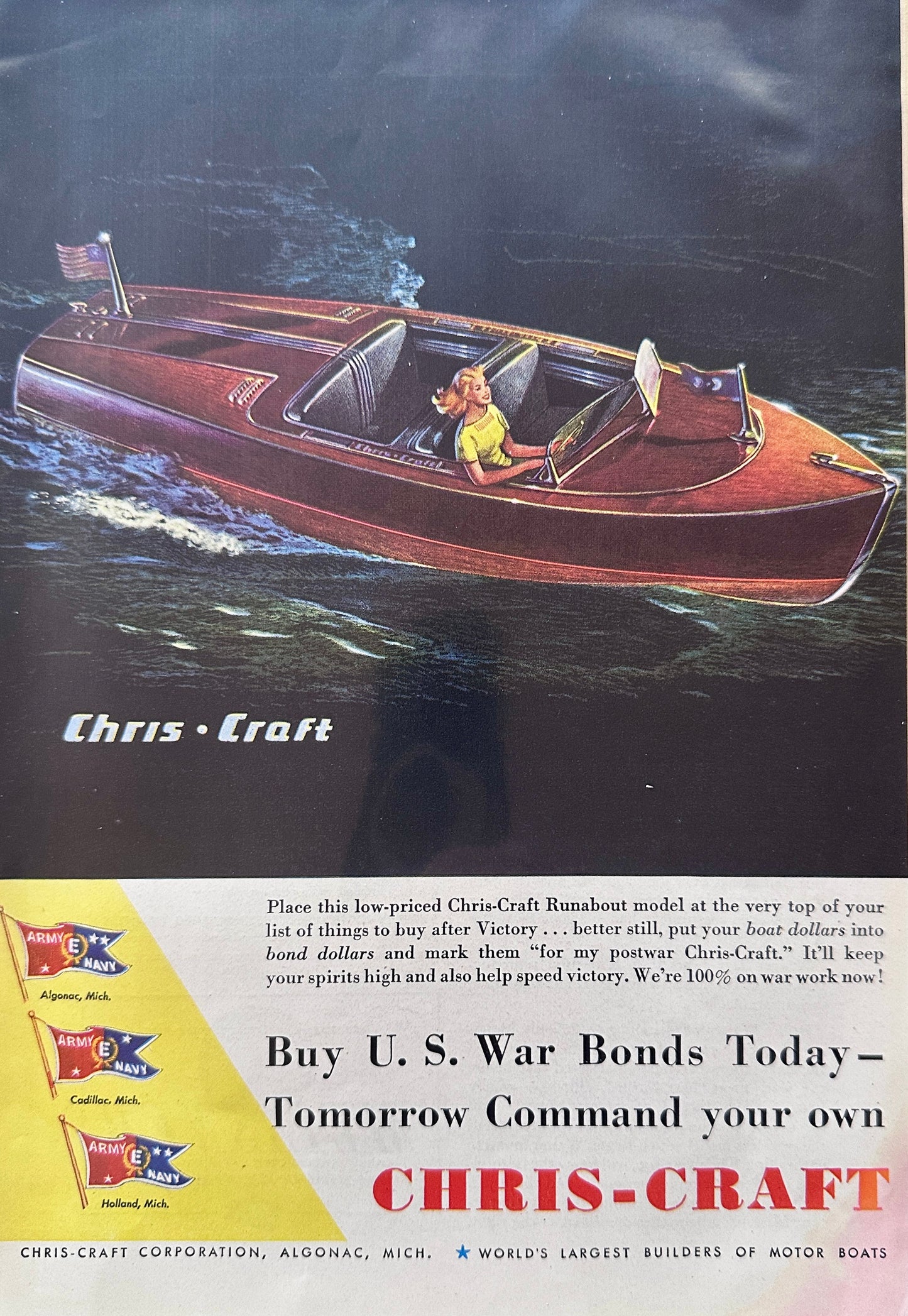 1944 WWII Era Chris-Craft Runabout Wooden Speed Boat Vintage Ad