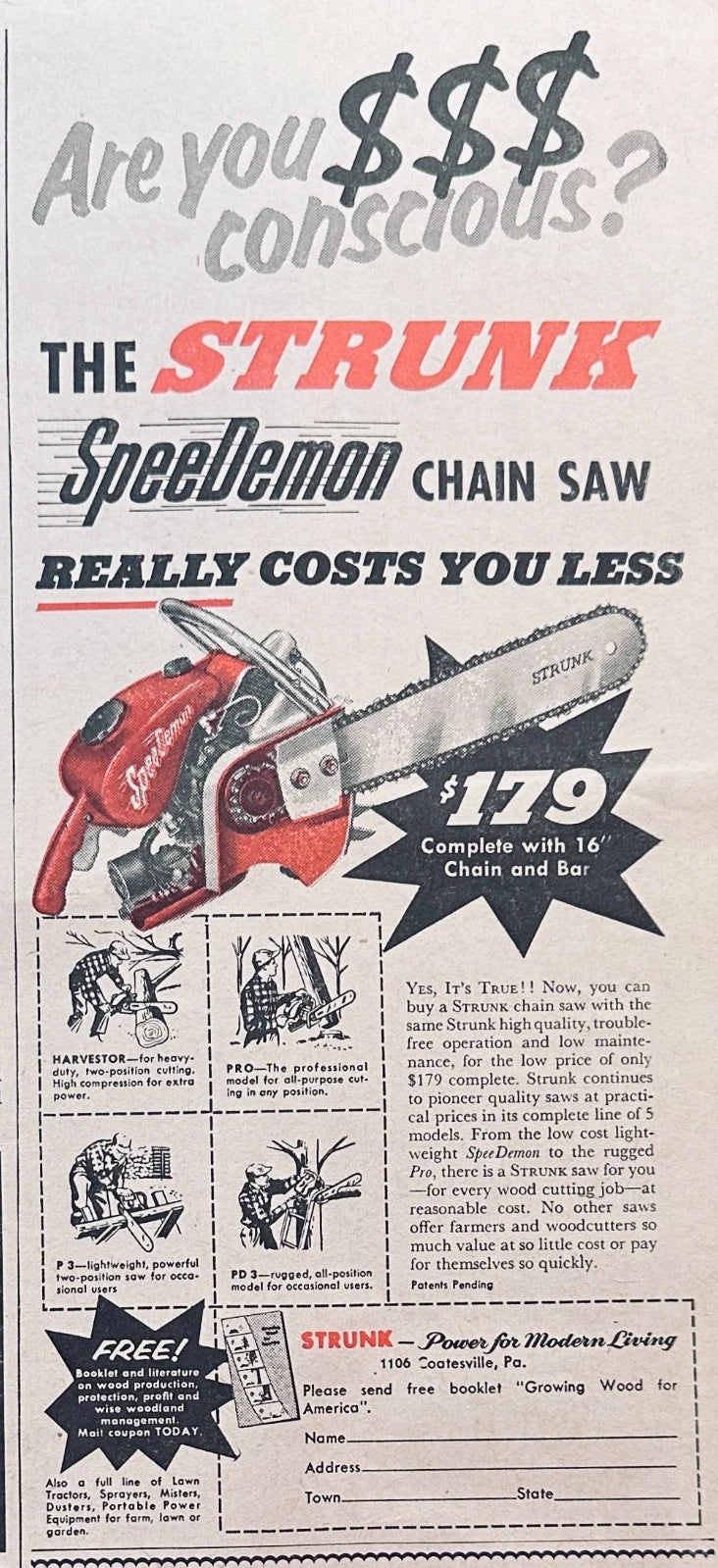 1954 Strunk SpeeDemon Chainsaw & Hydra-Flex Hydraulic Chain Saw Ads #801