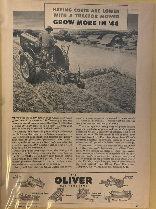 1944 Oliver Tractor Grow More in '44  Magazine Ad