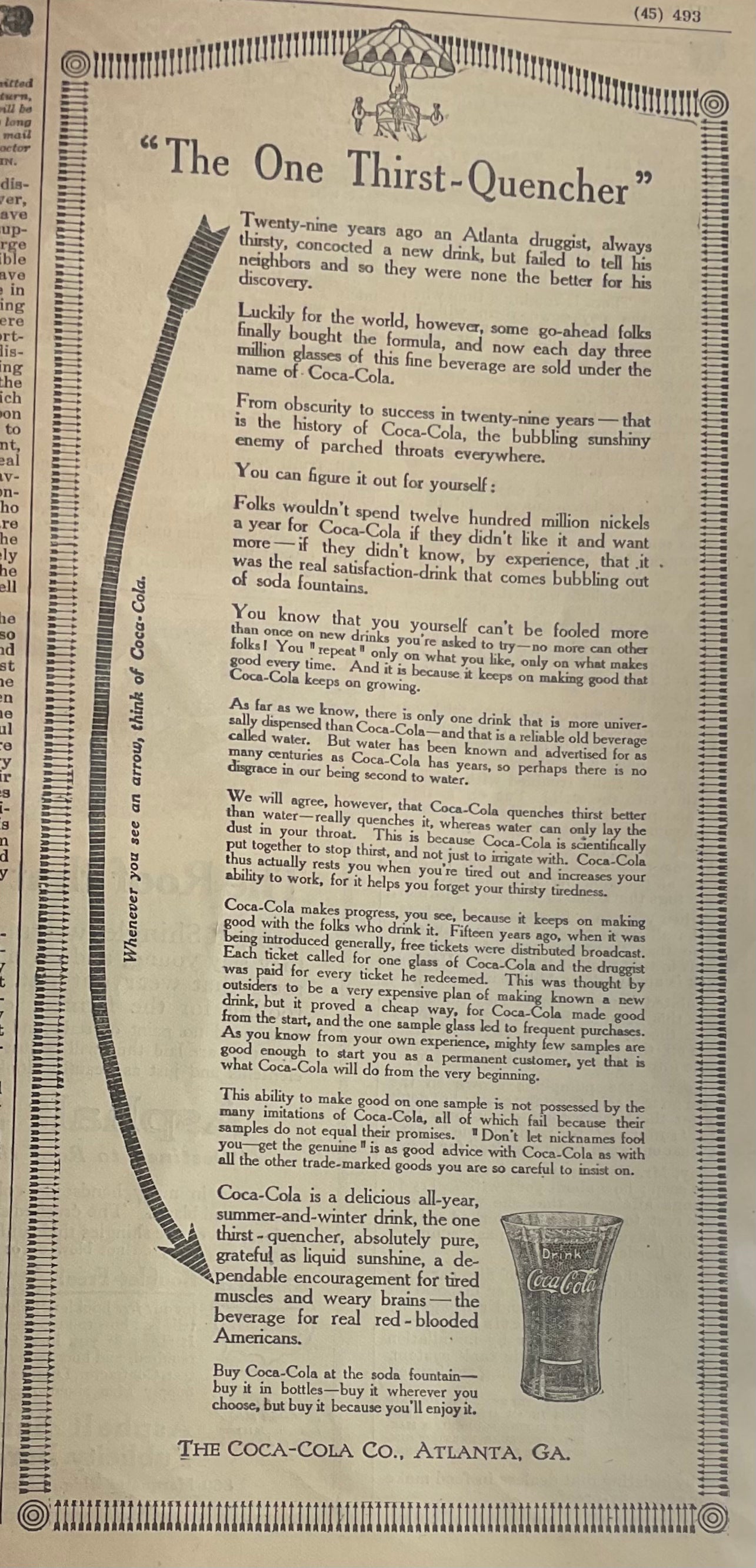 1915 Early Coke Coca-Cola Magazine Ad The One- Thirst Quencher