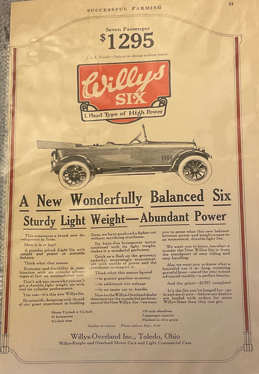 1917 Willy’s-Overland 7-Passenger Willy’s Six Magazine Ad #1362