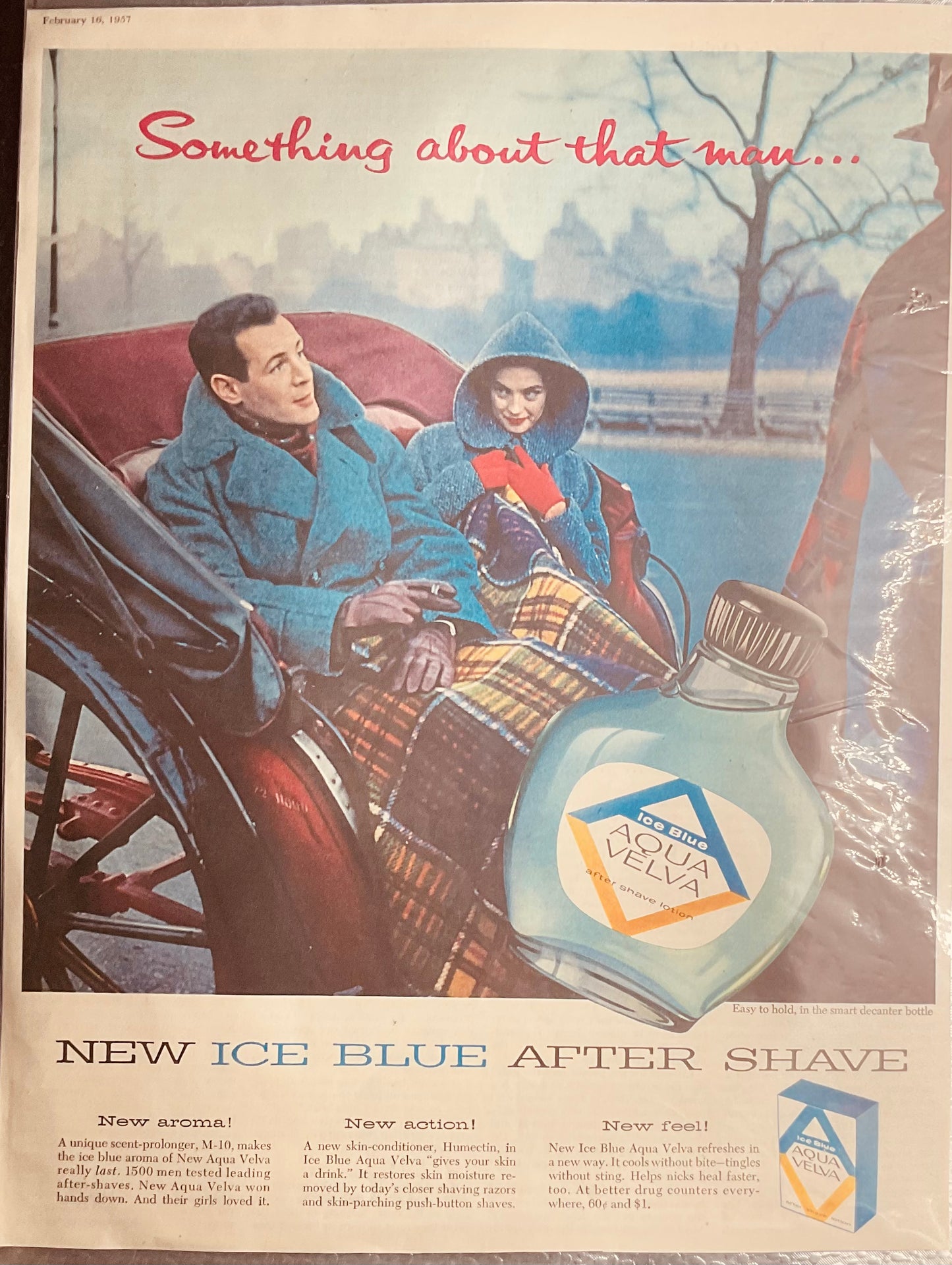 1957 Aqua-Velva Man Magazine Ad Winter Carriage