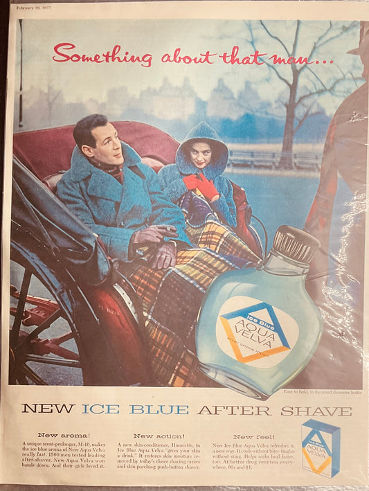 1957 Aqua-Velva Man Magazine Ad Winter Carriage