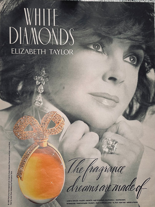 1992 Elizabeth Taylor White Diamonds Fragrance Magazine Ad