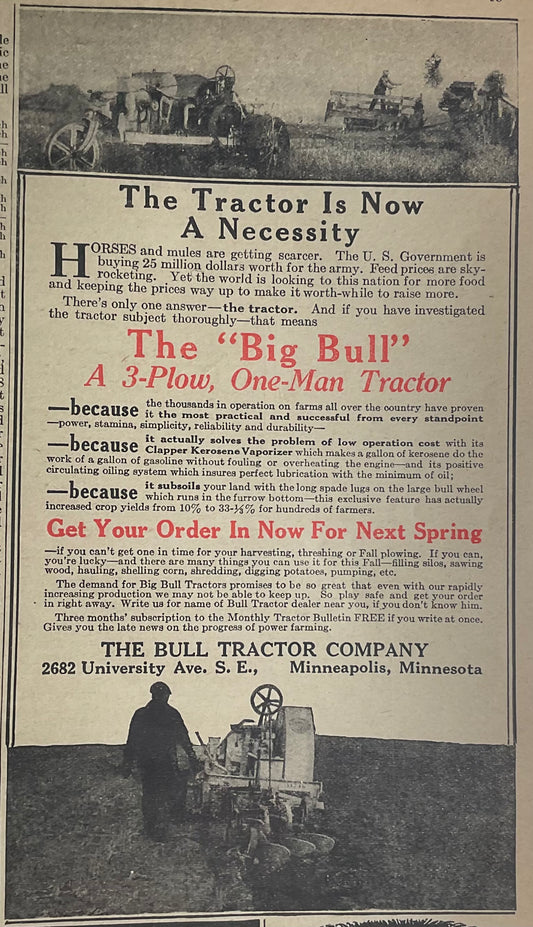 1917 Bull Tractor Company Magazine Ad x The Big Bull #453