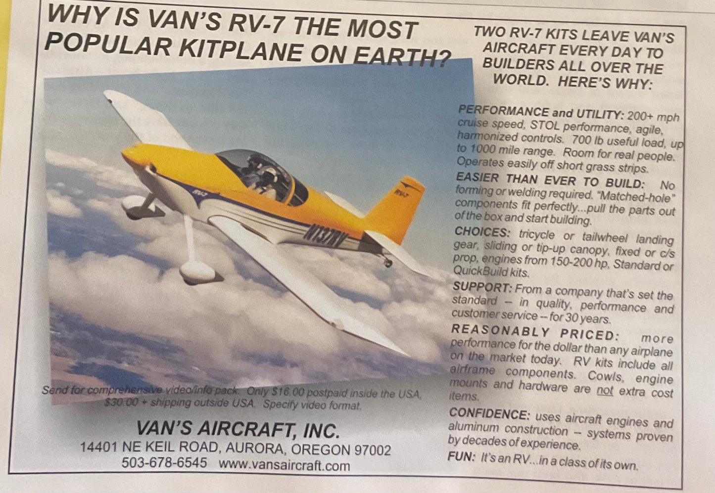 2004 Van’s RV-7 Kit airplane magazine ad