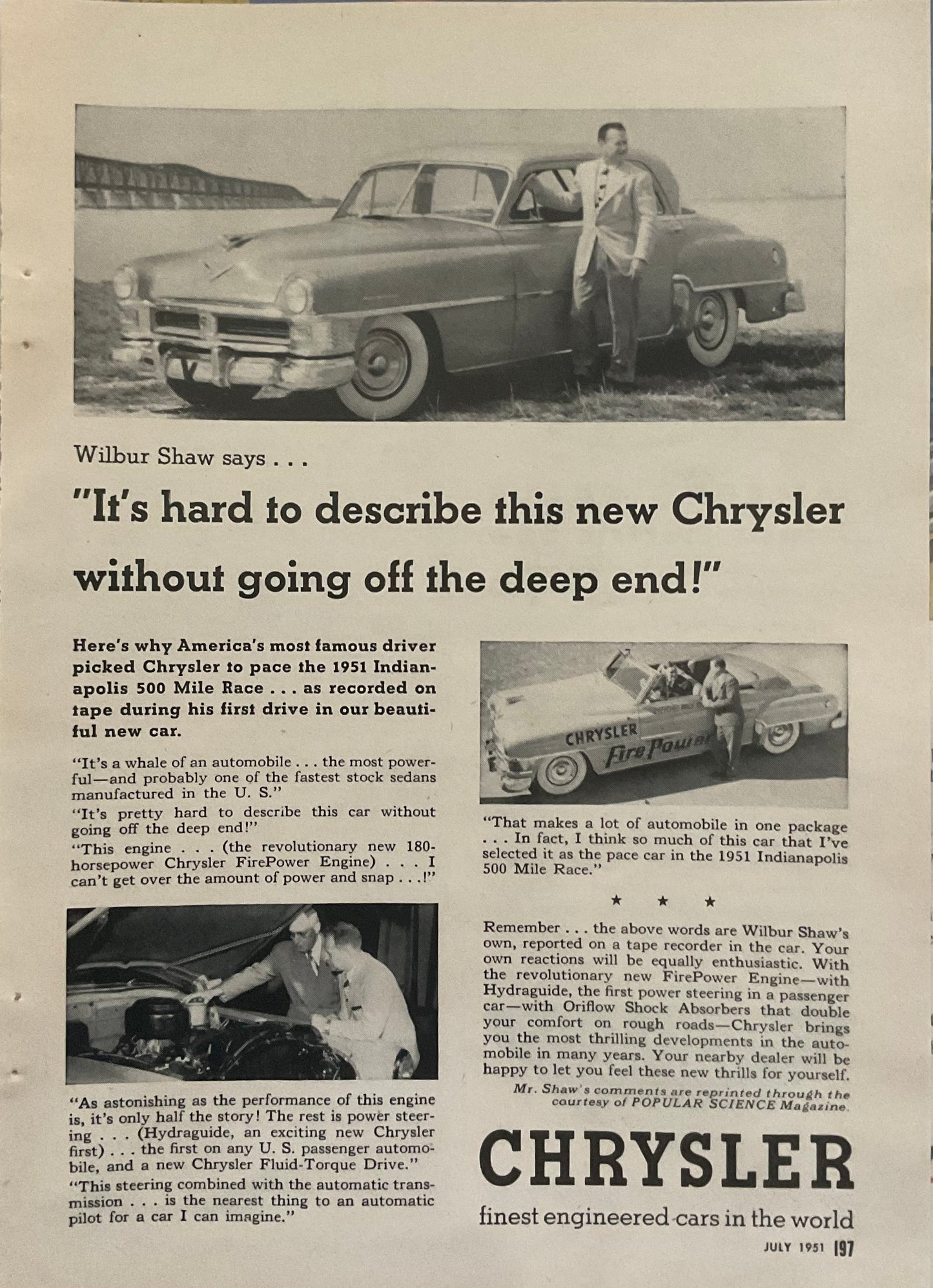 1951 Chrysler Indy 500 Pace Car Magazine Ad