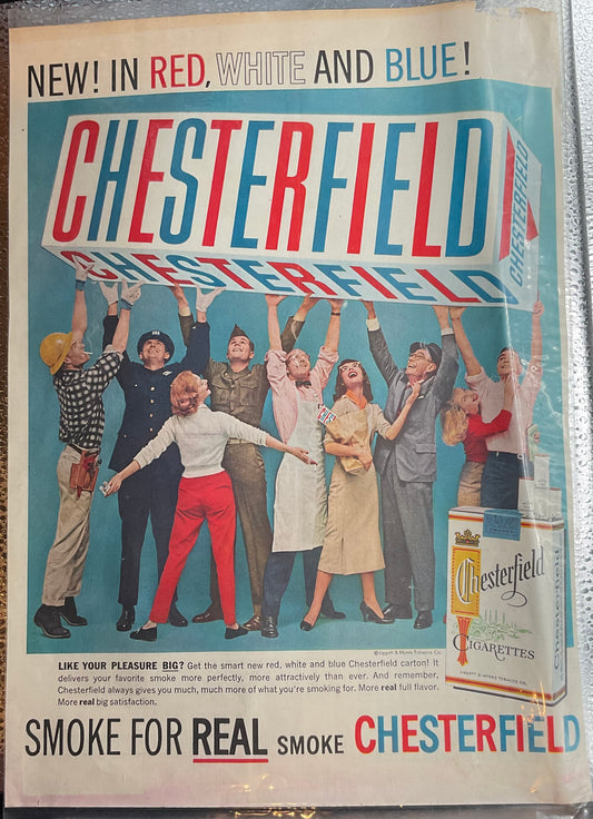 1966 Chesterfield Cigarette Red, White & Blue Magazine Ad