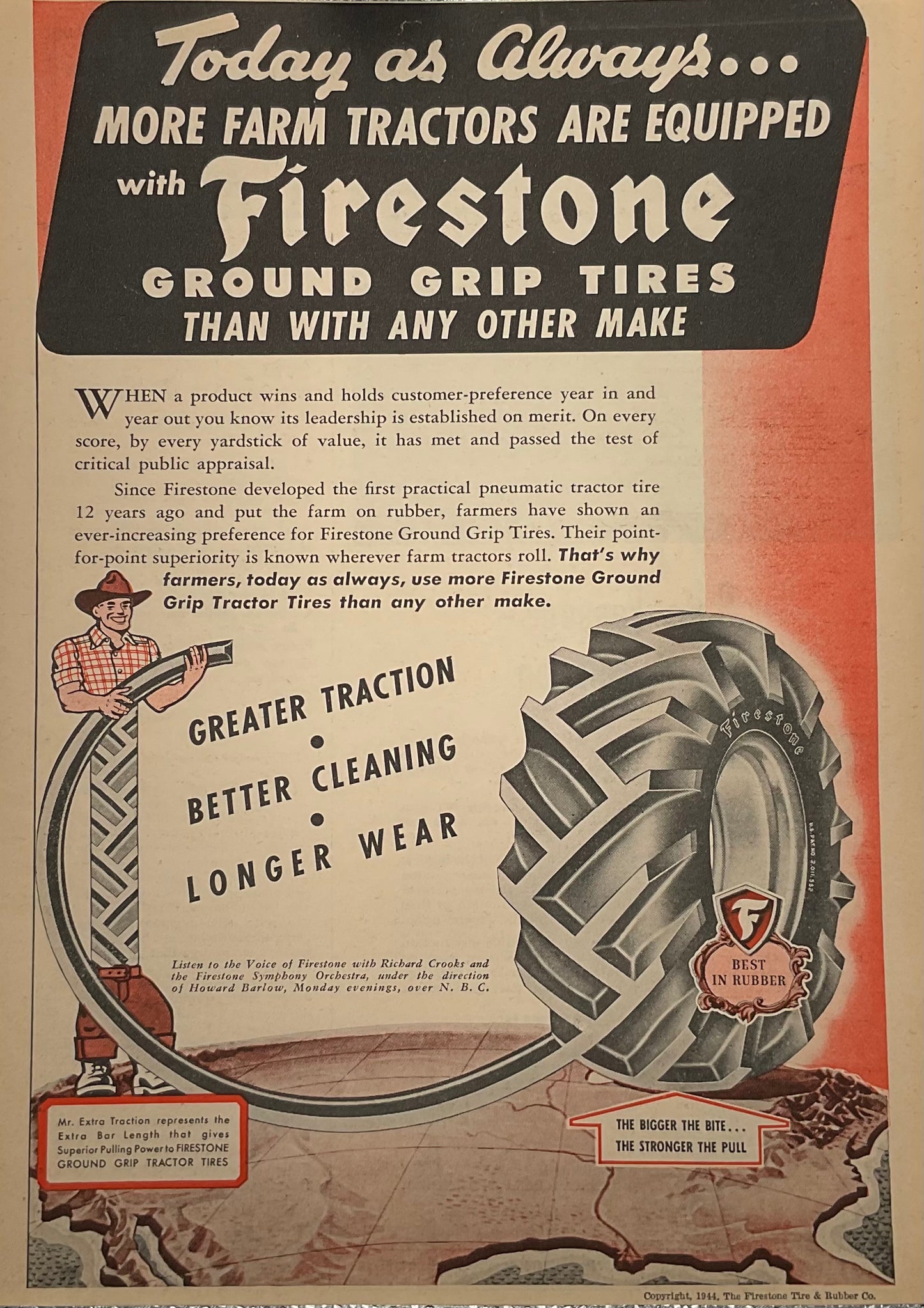 1944 WWII Era Firestone Farm Tractor Tire Magazine Advertisement