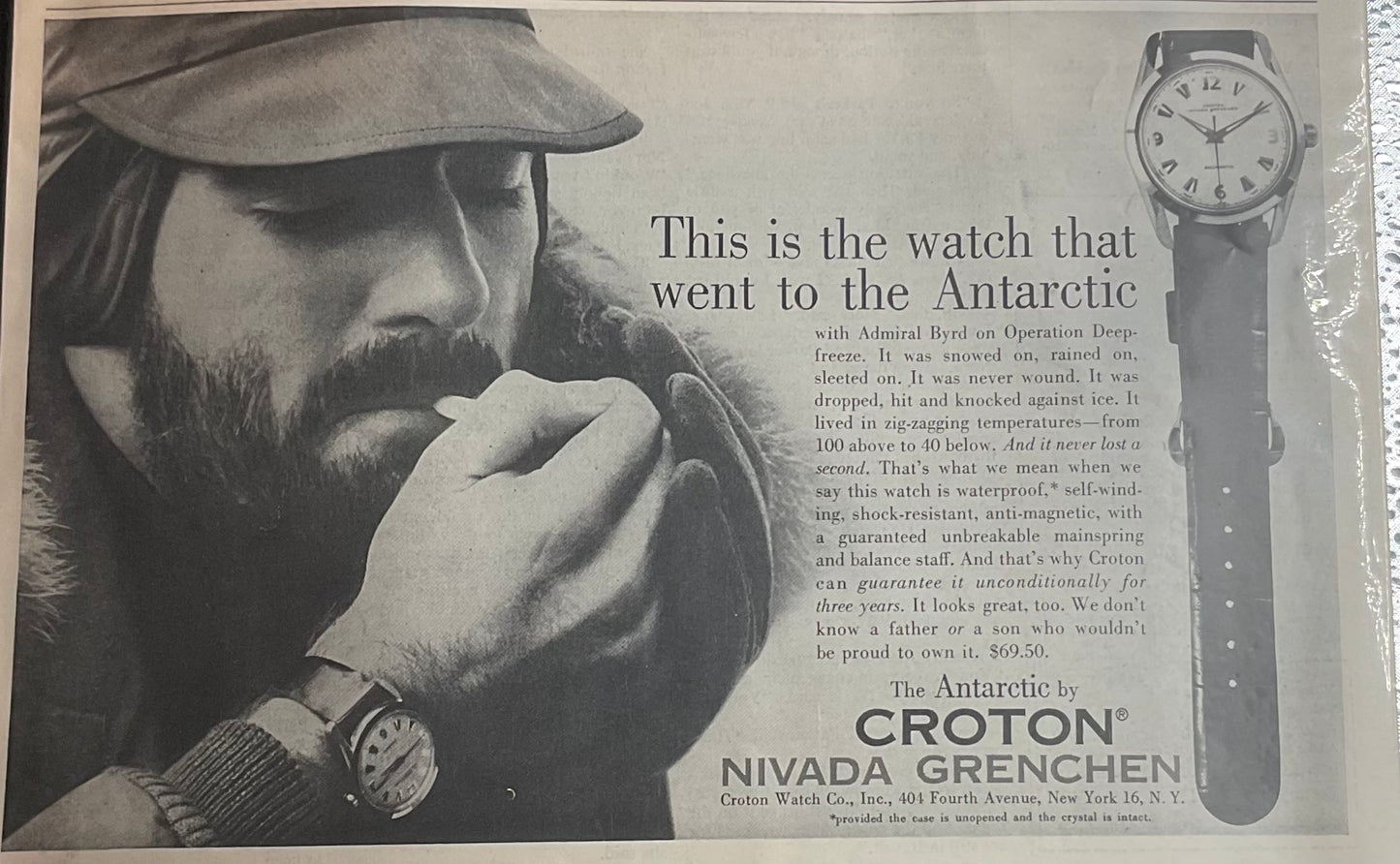 1957 the Antarctic Wristwatch by Croton Magazine Ad