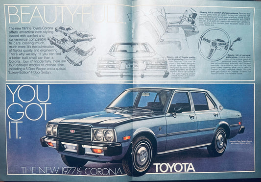 1977 Centerfold Toyota Corona - Blue - Beauty-Full Magazine Ad