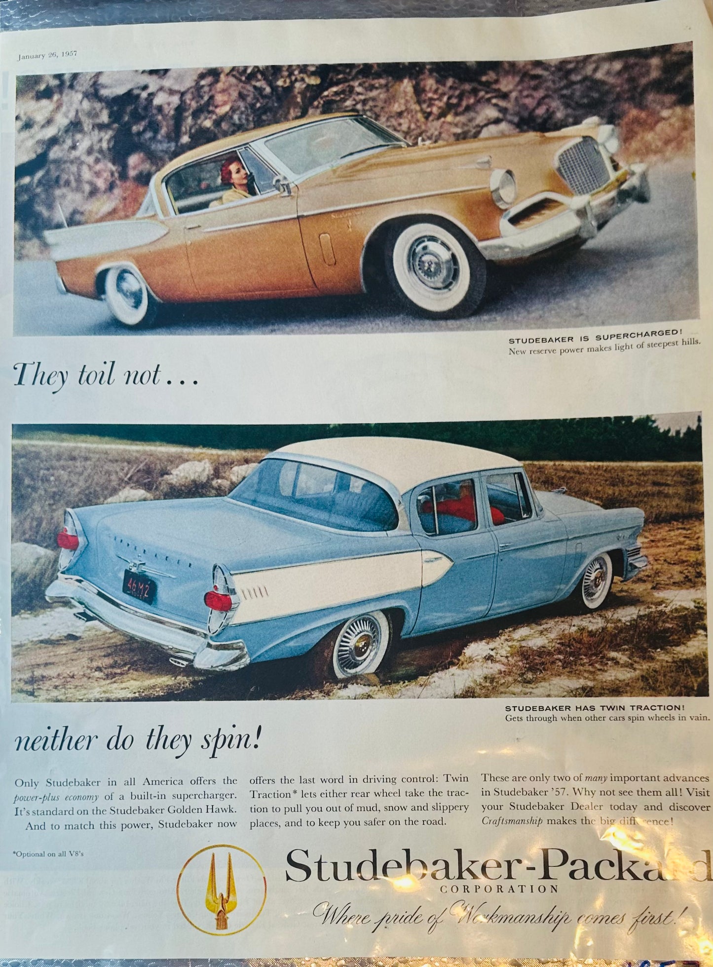 1957 Studebaker Golden Hawk Supercharged and with Twin Traction Control Magazine Ad