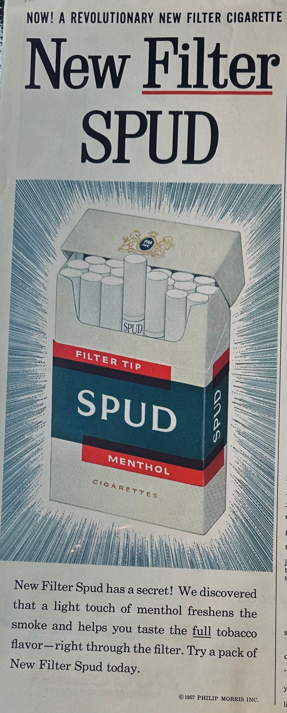 1957 Spud Cigarettes Magazine Ad - Menthol Filter Tip