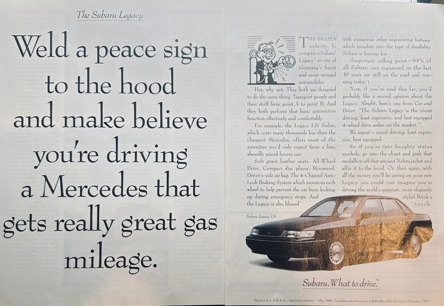 1992 Subaru Legacy LS 2-Page Magazine Ad - Pretend it's a Mercedes