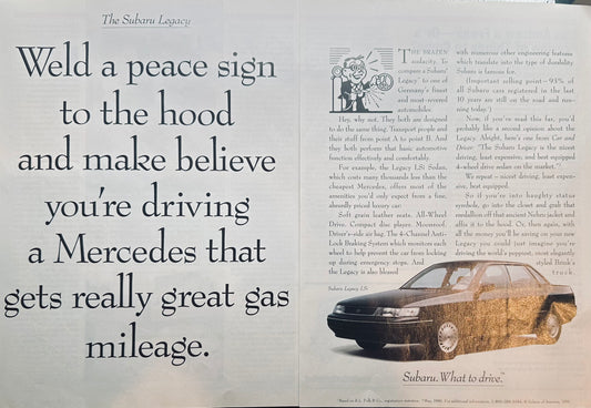 1992 Subaru Legacy LS 2-Page Magazine Ad - Pretend it's a Mercedes