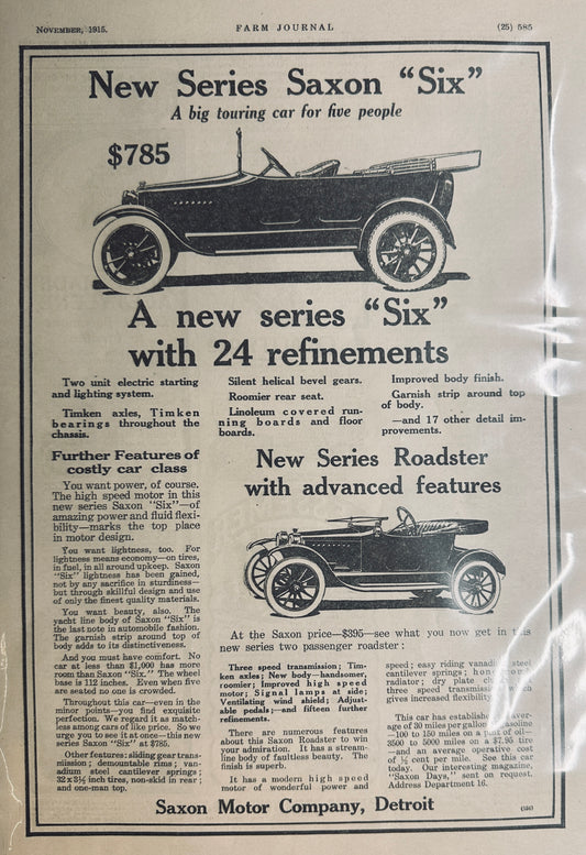 1915 - Saxon "Six" - November - New Series Six with 24 Refinements - Magazine Ad #1359